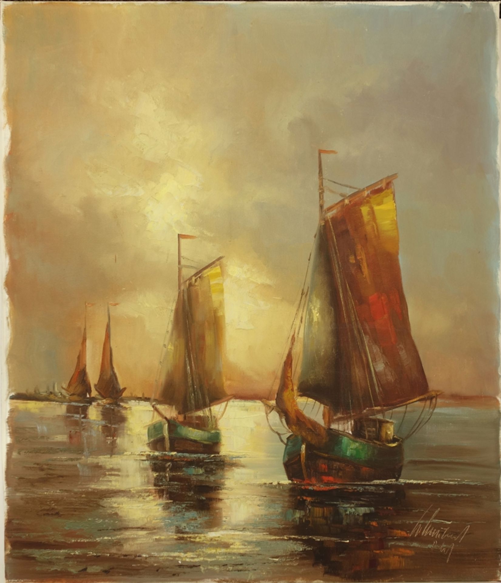 Willy Schubert, "Segelboote bei Sonnenuntergang", spätes 20. Jh., Öl/Leinwand, unten rechts