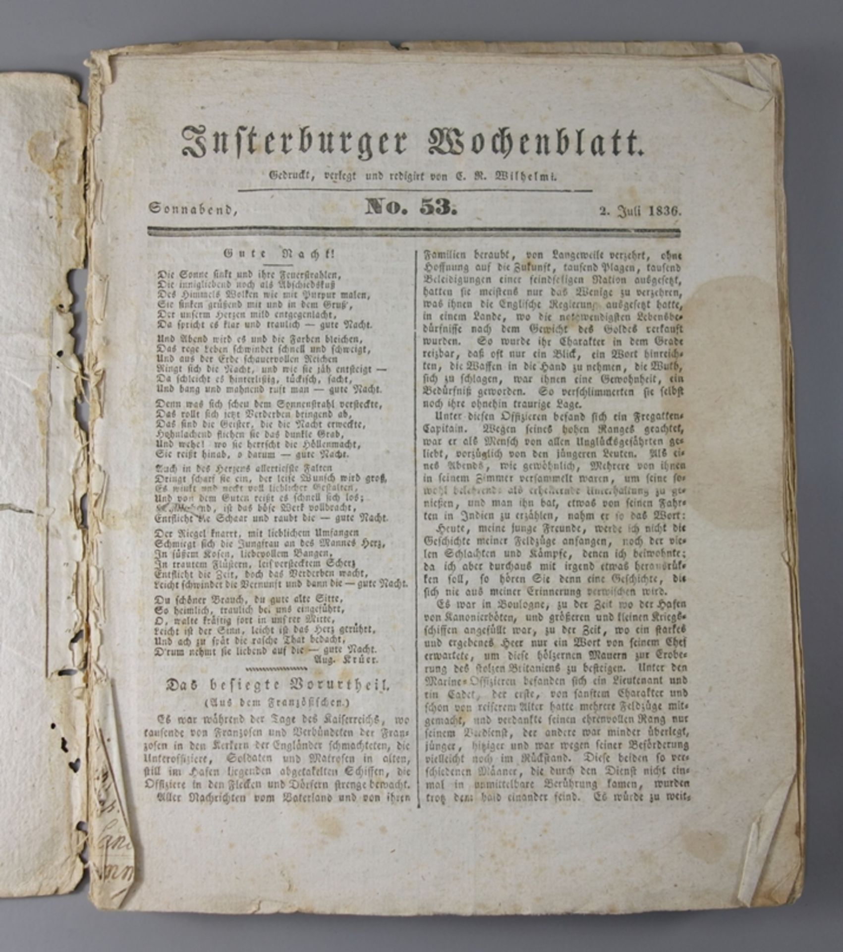 Insterburger Wochenblatt, Nr.53 Juli bis Nr.105 Dezember 1836, "Gedruckt, verlegt und redigirt von