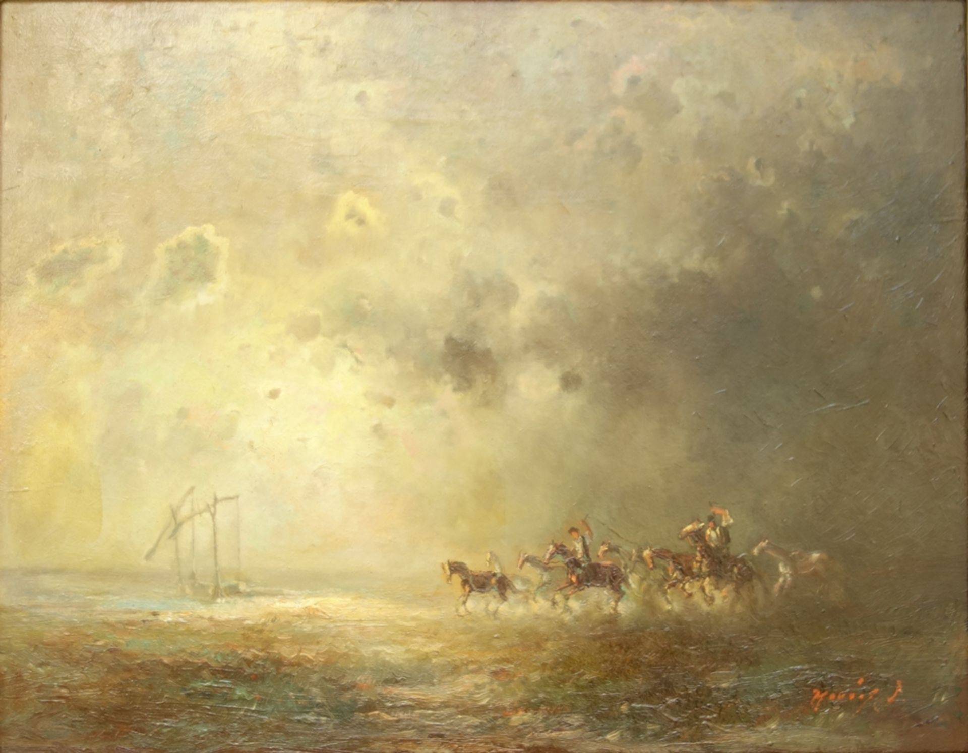 J. Koning, "Reiter in aufziehendem Gewitter", Mitte 20. Jahrhundert, Öl/Hartfaser, unten rechts - Bild 2 aus 3