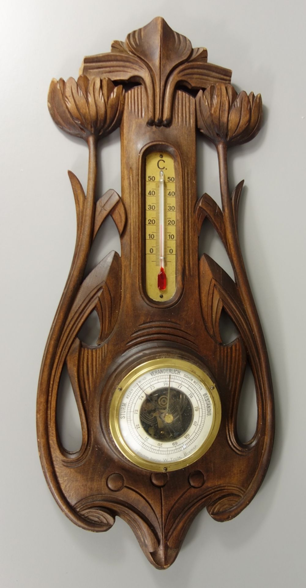 Barometer, Jugendstil, um 1910, geschnitztes Weichholz mit verschlungenem Seerosendekor,