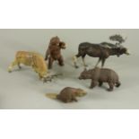 5 Wildtiere, Europa, Lineol, 3. und 4. Generation, Bär stehend, H.9cm, Bär, L*H ca.9,5*5cm, Biber,