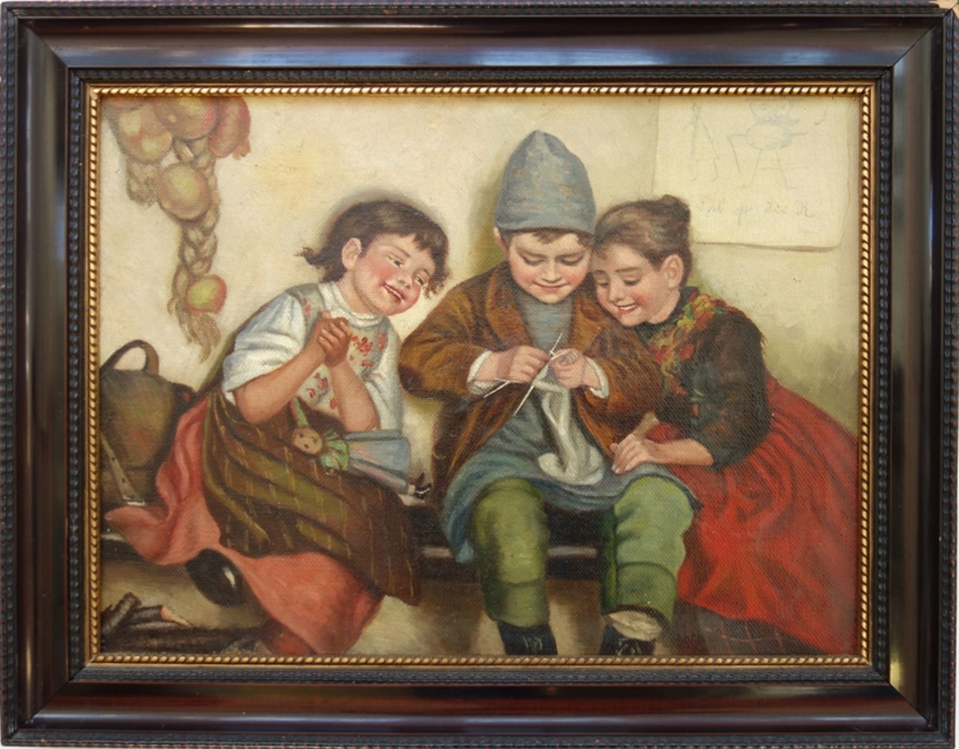 Kopie nach Hermann Kaulbach "Kinder bei der Handarbeit", Öl/Leinwand, H*B 31*42cm, craqueliert,