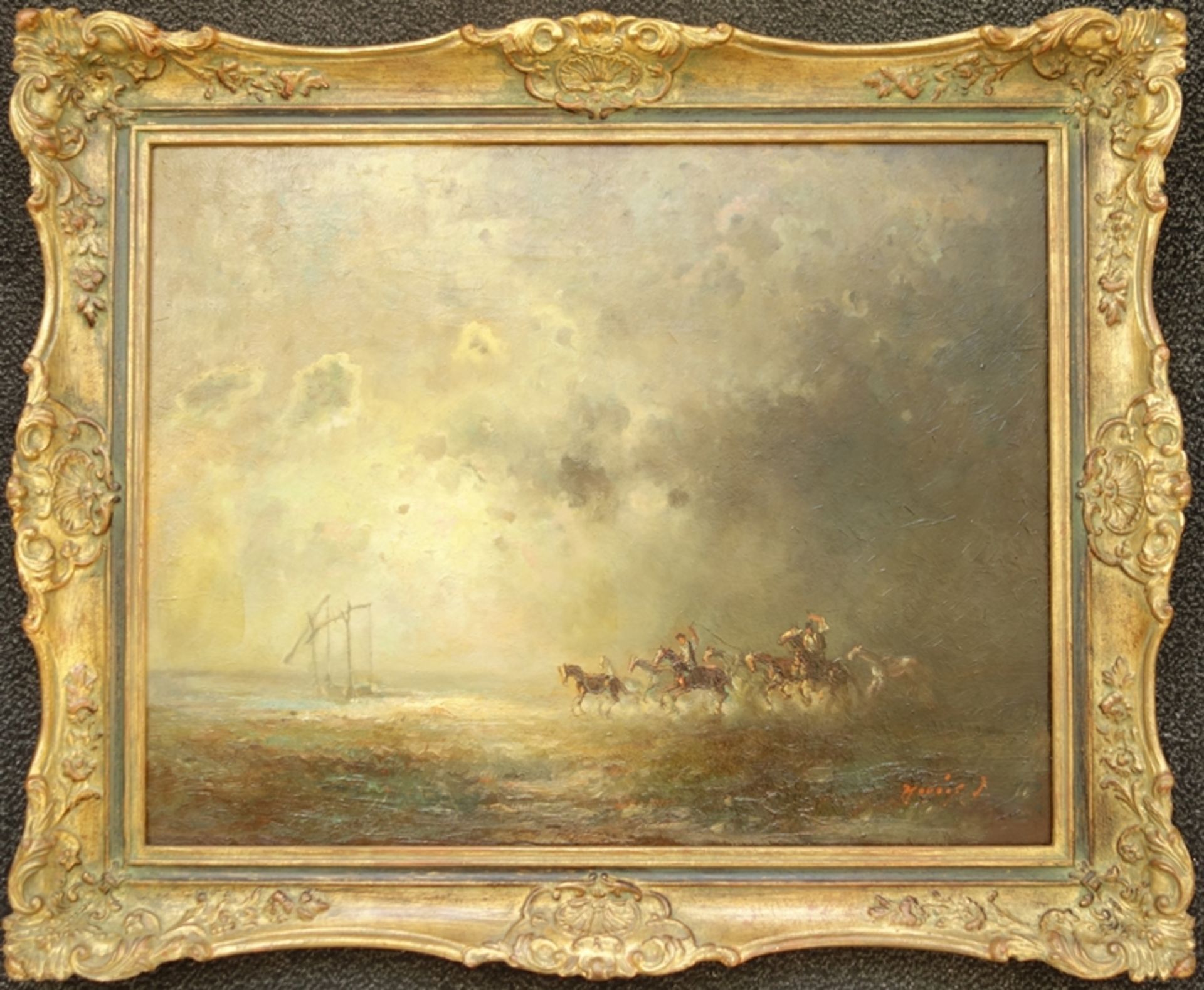 J. Koning, "Reiter in aufziehendem Gewitter", Mitte 20. Jahrhundert, Öl/Hartfaser, unten rechts