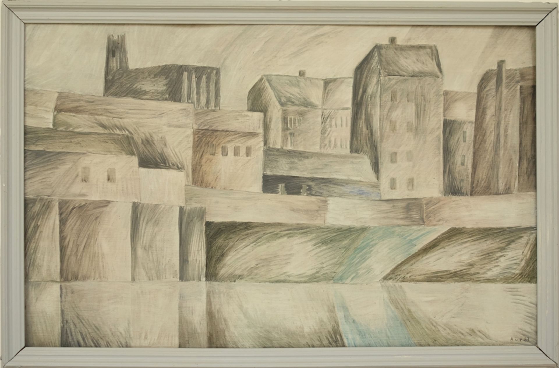 Jochen Aue (1937, Baalsdorf bei Leipzig - 2007, Magdeburg), "Altes Fischufer in Magdeburg", 1963,