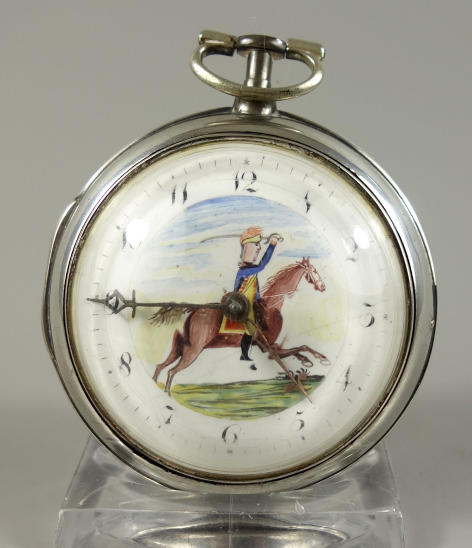 englische Spindeltaschenuhr P. Lawson, London, um 1800, Sterlingsilber, Emaille-Zifferblatt mit