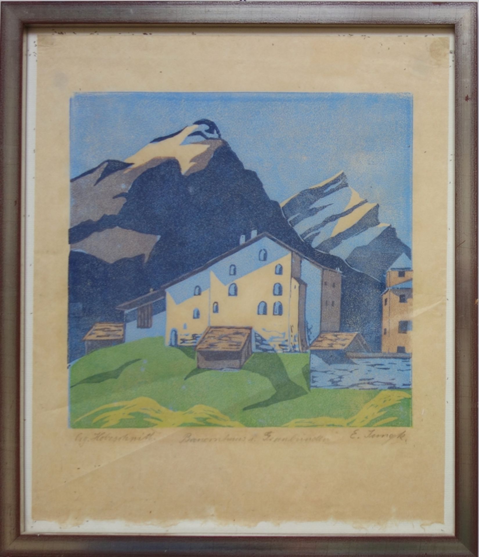Elfriede Jungk (1889-1954, Berlin), "Bauernhaus in Graubünden", um 1930, Farbholzschnitt, unten - Bild 2 aus 3