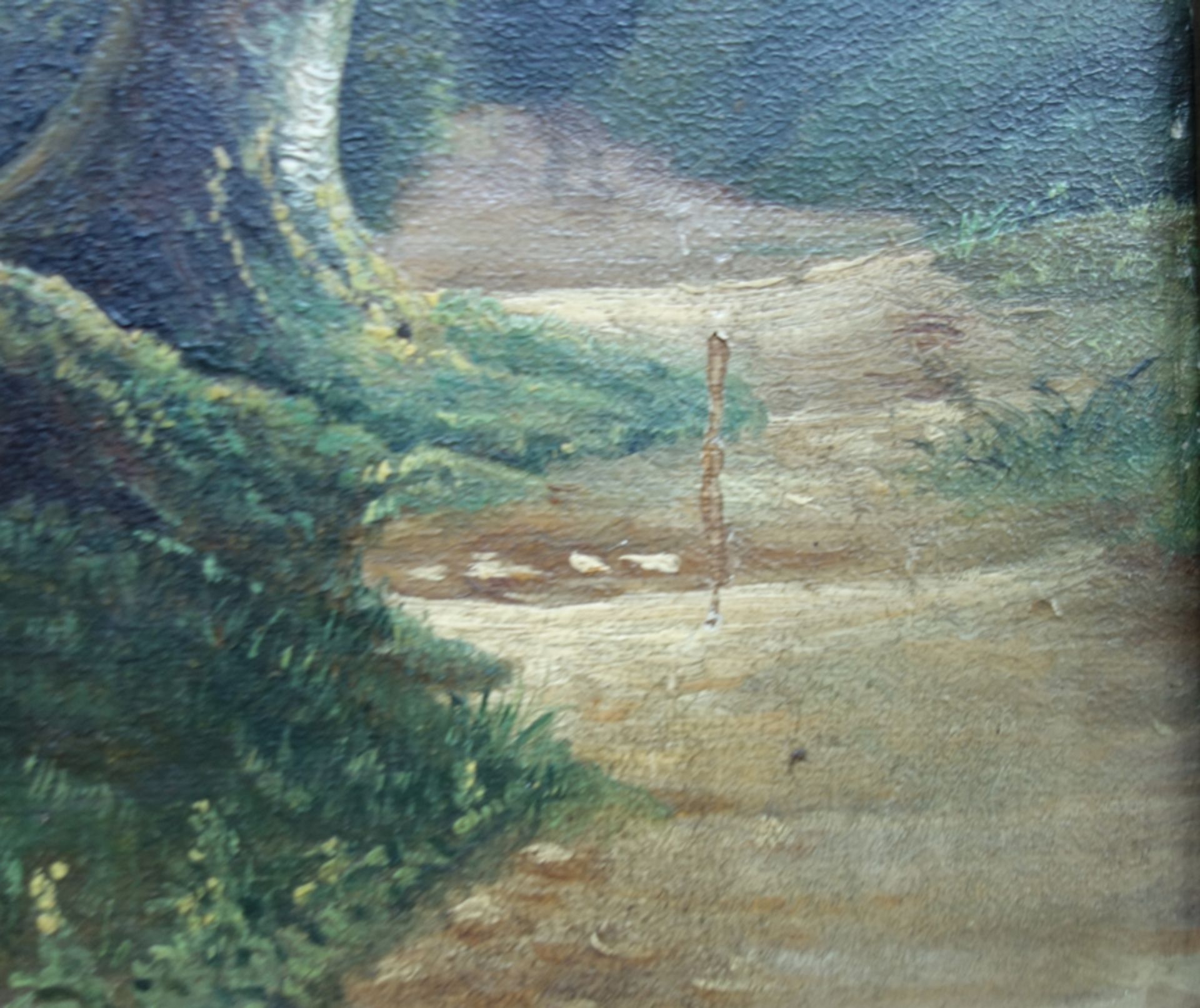 unsigniert, "Waldweg mit kleinem Schloss", um 1900, Öl/Platte, H*B 32*25,3cm, partiell craqueliert, - Image 3 of 3