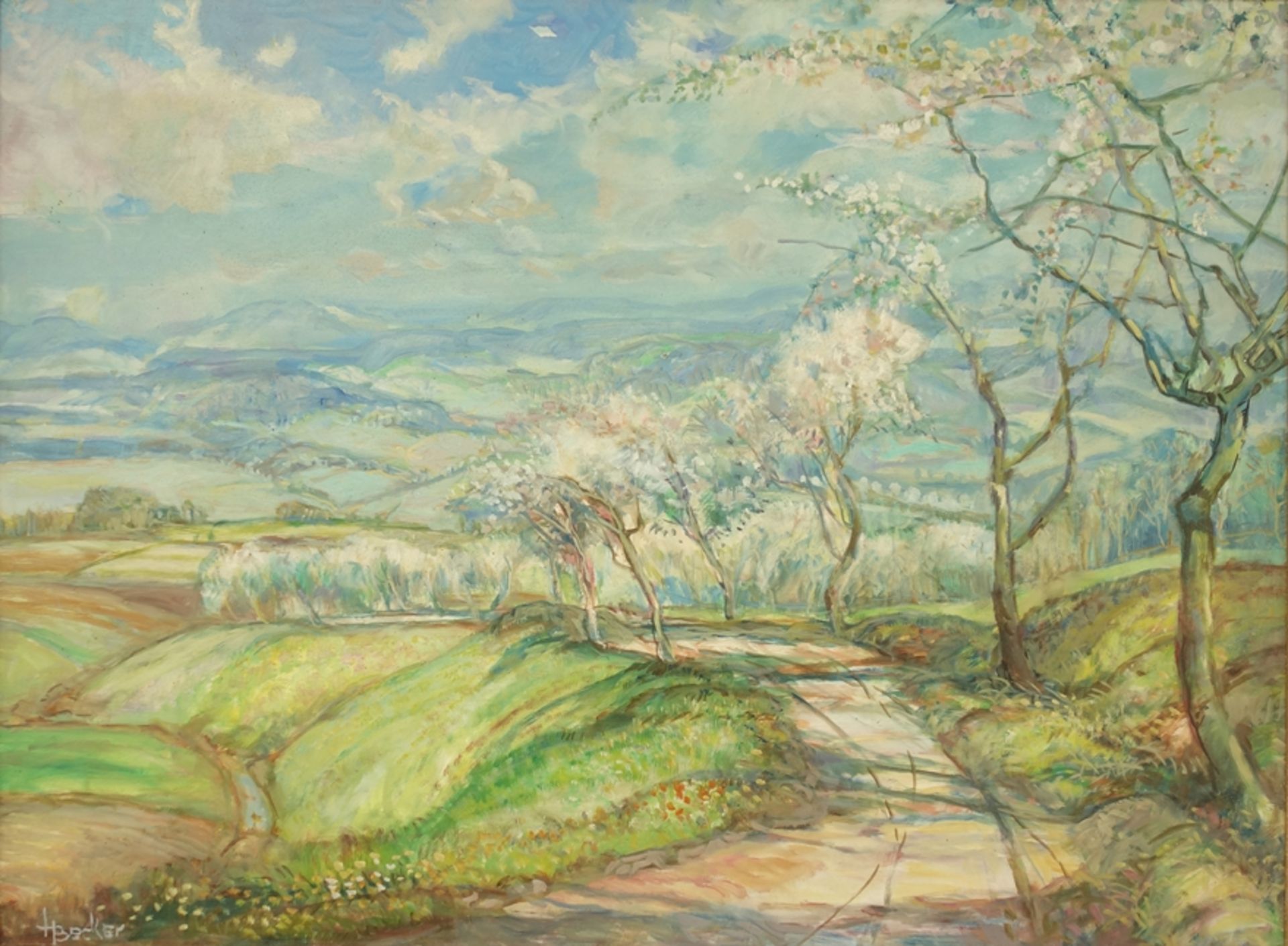 H. Becker, "Kirschblüte am Feldweg", Öl/Platte, Mitte 20. Jh., unten links signiert, gerahmt,