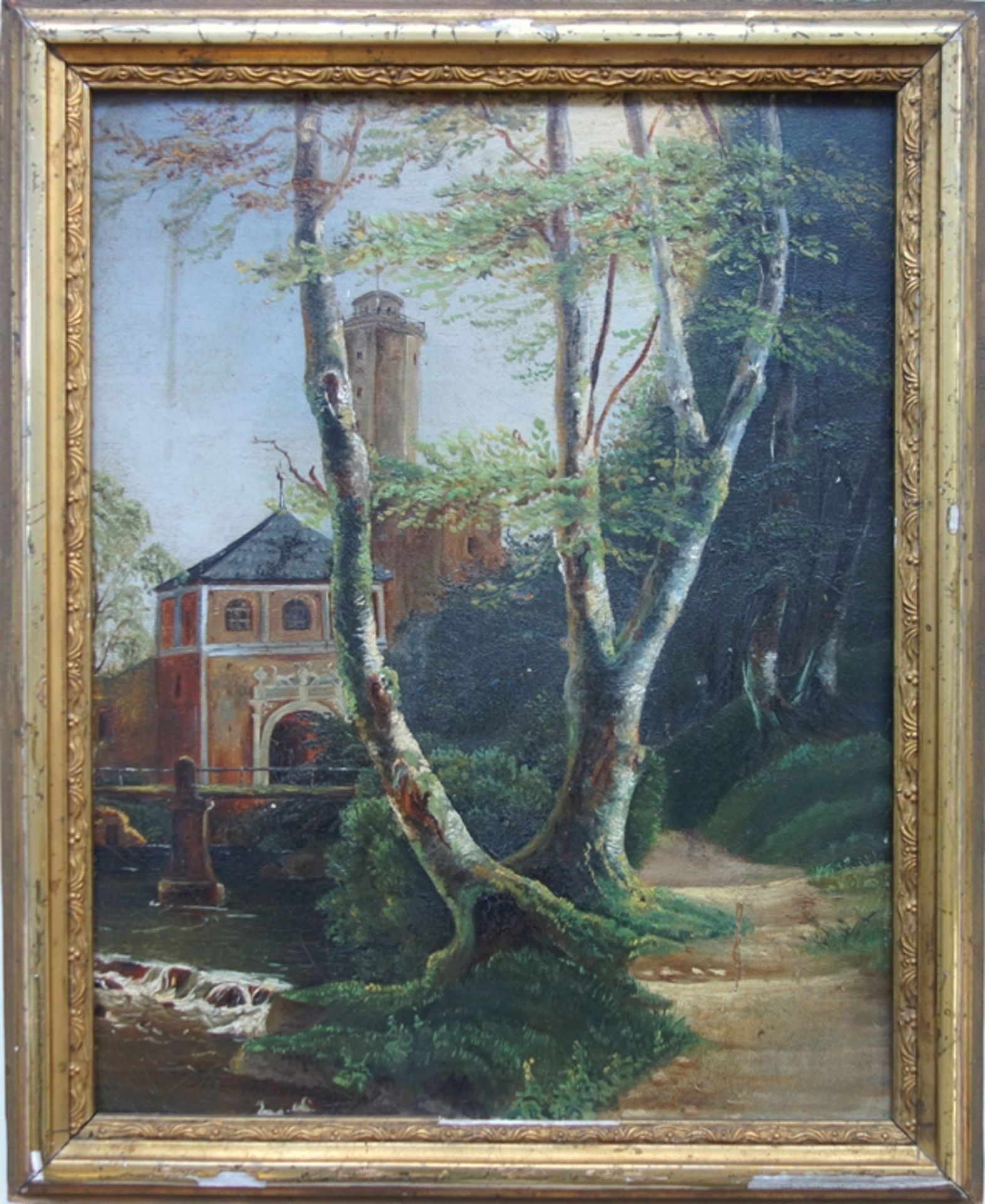 unsigniert, "Waldweg mit kleinem Schloss", um 1900, Öl/Platte, H*B 32*25,3cm, partiell craqueliert,
