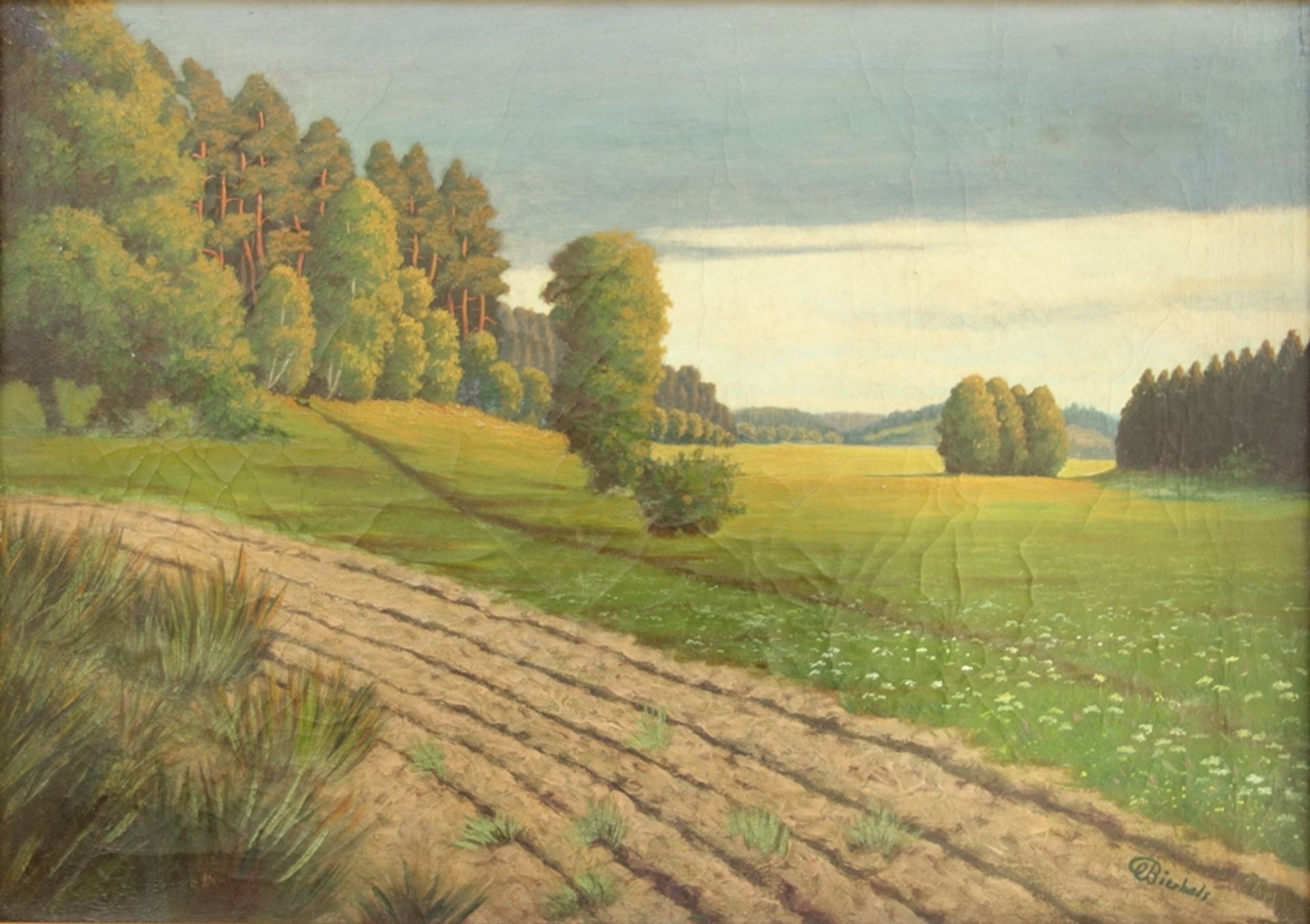 signiert "Bierhals", "Waldrand bei Sonnenuntergang", 1940er Jahre, Öl/Leinwand, unten rechts - Bild 2 aus 4