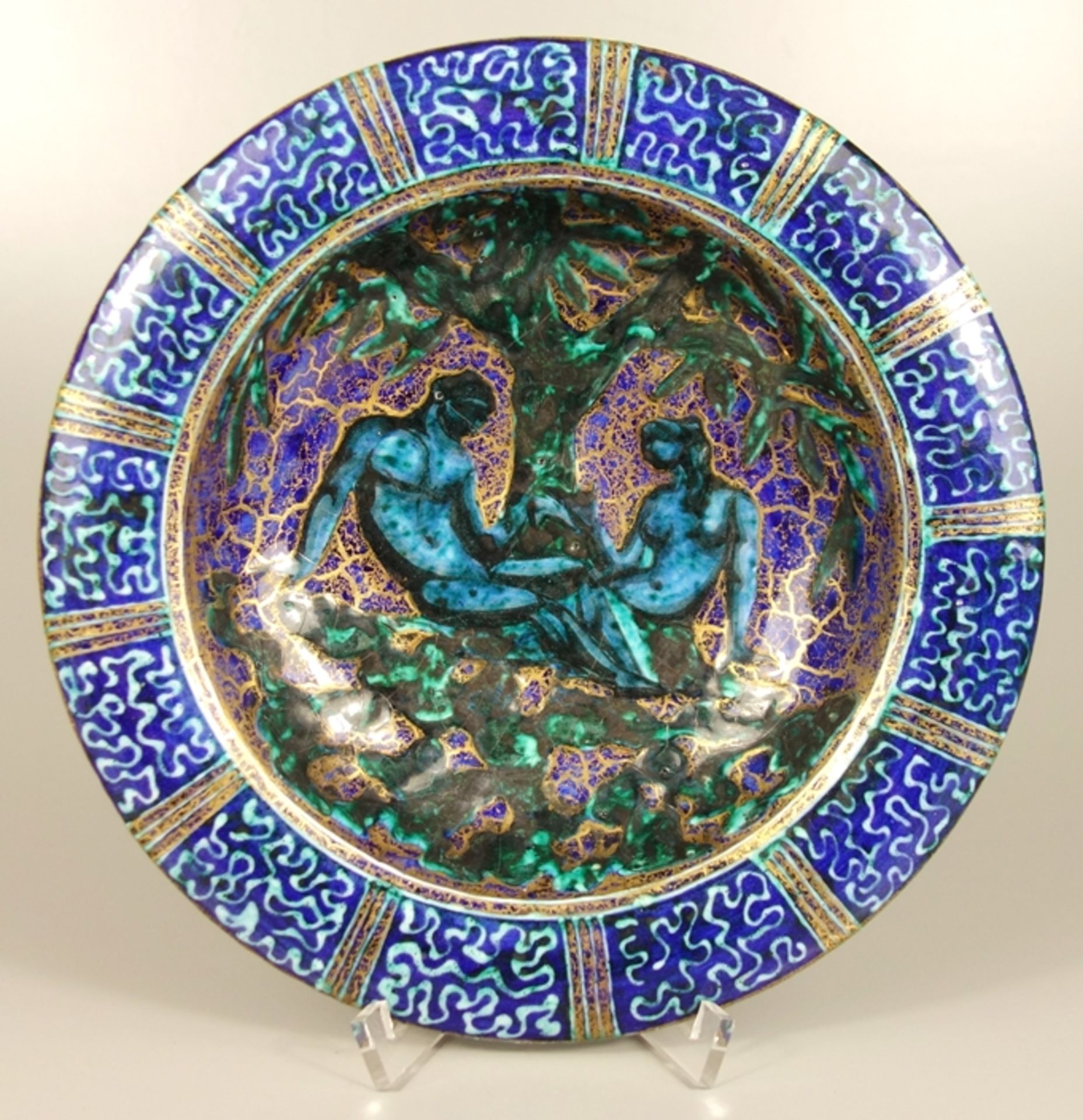 Jean Mayodon (1893 -1967), Frankreich, Schale, Dekor "Paradies", D.22,5cm, H.4,7cm, Keramik, Boden
