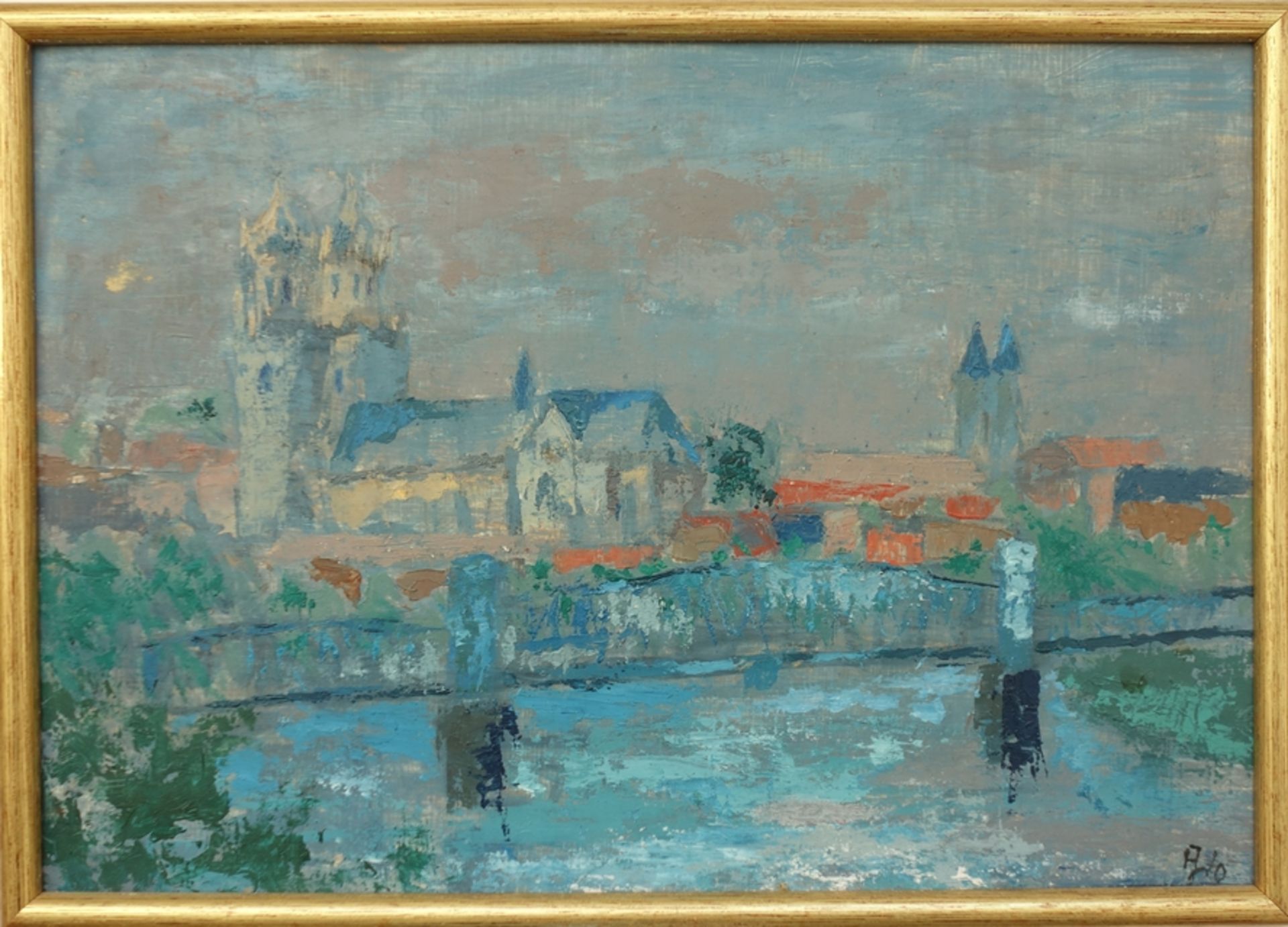 Monogrammist AWo, "Magdeburger Dom mit Hubbrücke", 1960er Jahre, Tempera/Karton, unten rechts