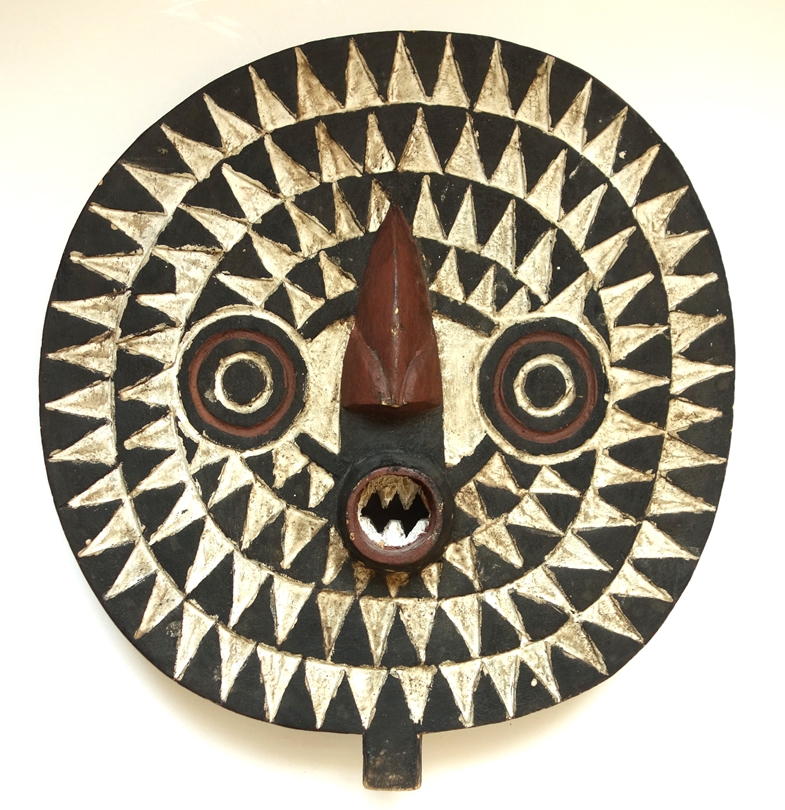 Sonnenmaske, Burkina Faso, runde Maske, Weichholz geschnitzt und farbig staffiert, D.49*44cm Sun