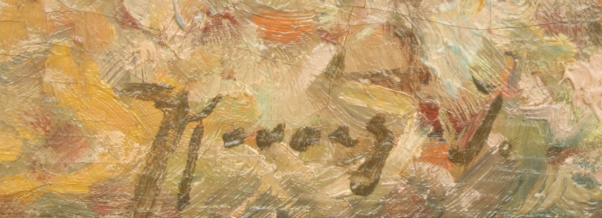 J. Koning, "Bauernhäuser am Bachlauf", Mitte 20. Jahrhundert, Öl/Leinwand, unten links signiert, H* - Image 3 of 4