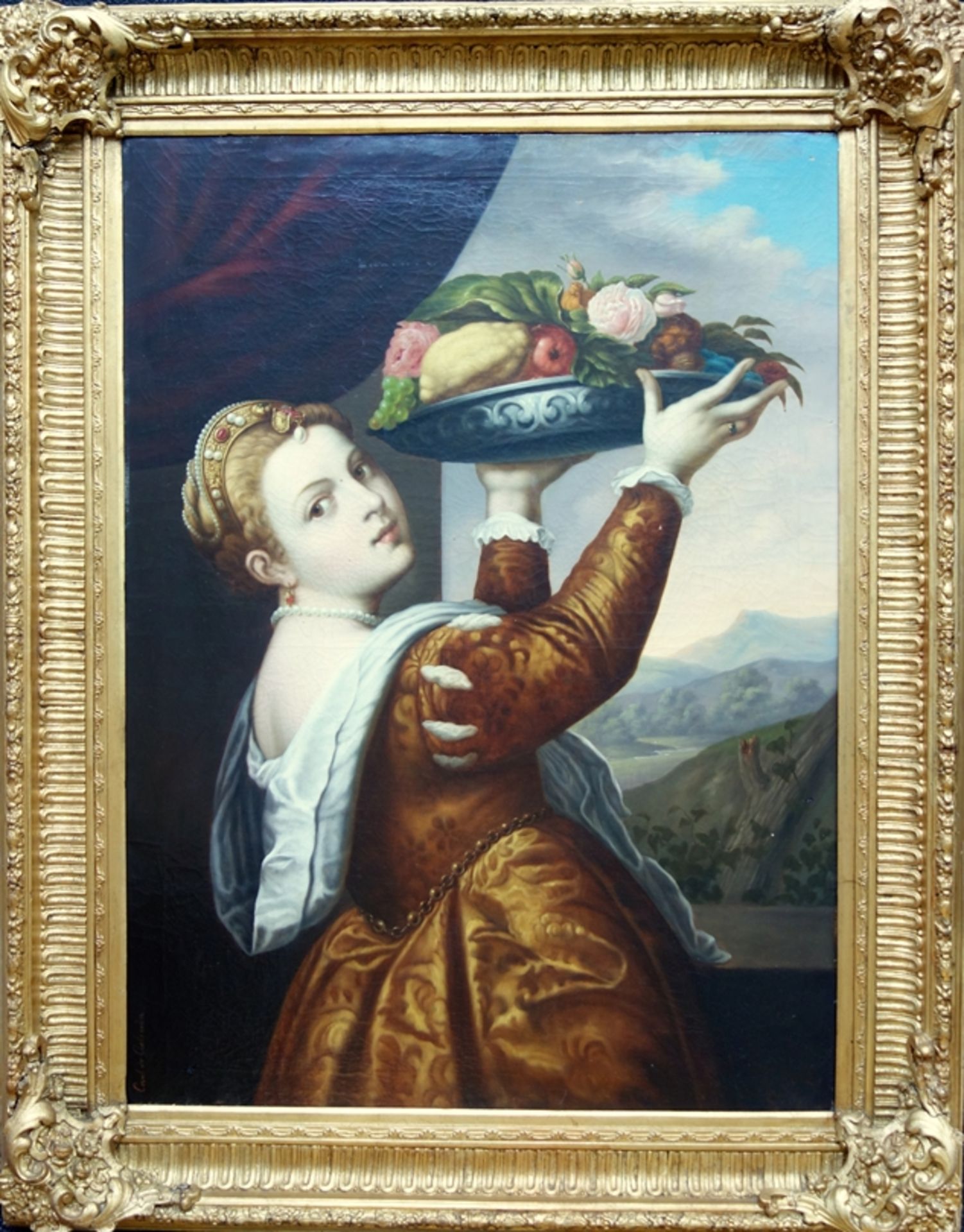 Carl de Calzada, "Mädchen mit Fruchtschale" nach Tizian, 2. Hälfte 19. Jahrhundert, Öl/Leinwand,