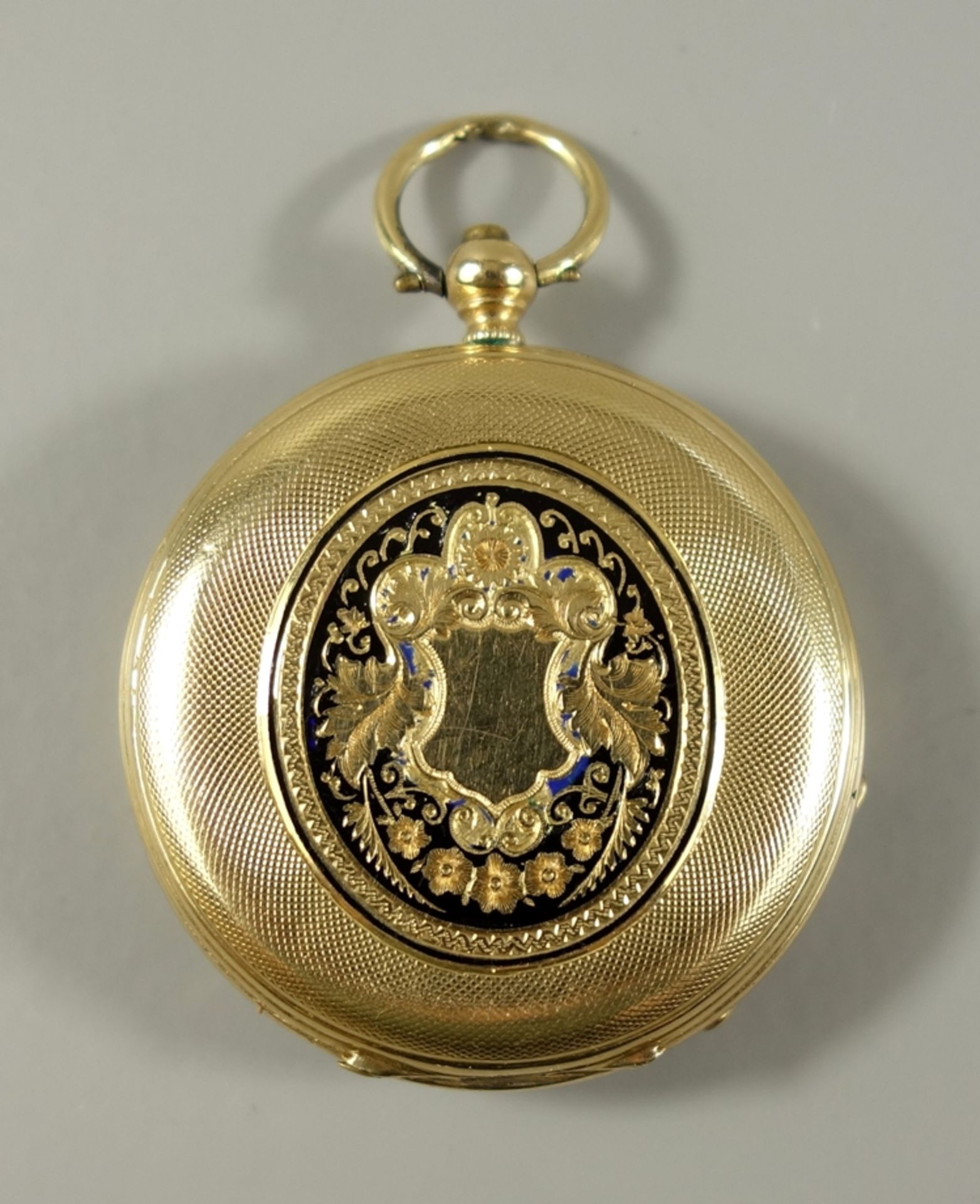 goldene Umhängeruhr, 750er Gelbgold, gestempelt K18, um 1880, Emaillezifferblatt mit römischen - Bild 2 aus 2