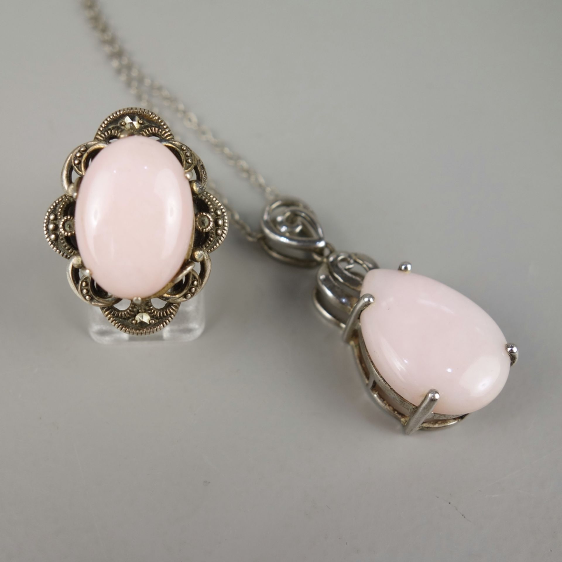 Anhänger mit Kette und Ring, 925er Silber mit pinkfarbenem (rosa) Opal, Gesamt- - Bild 2 aus 2