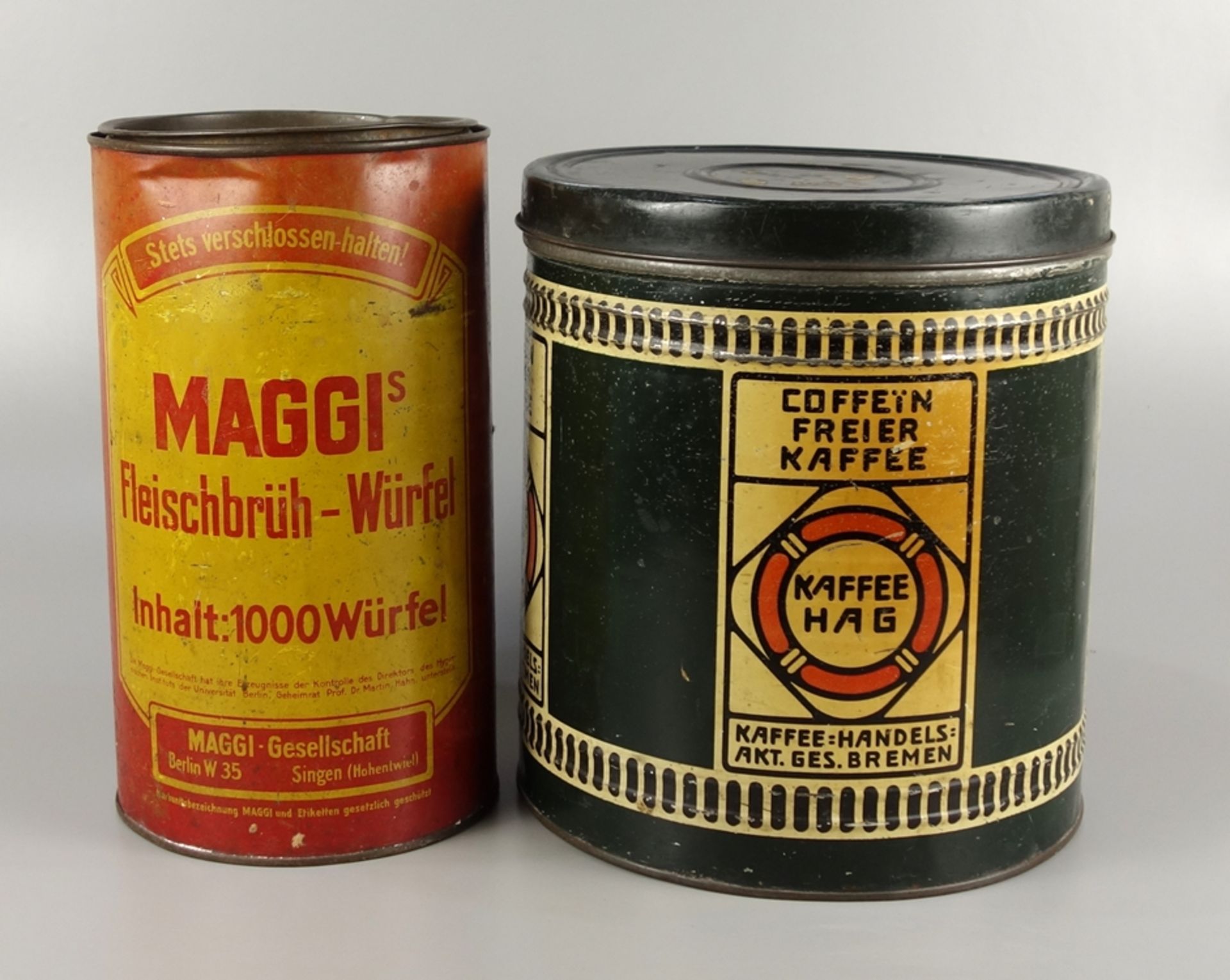 2 große Blechdosen, Maggi und Kaffee Hag, 1940er Jahre: "MAGGI`S Fleischbrüh-Wü