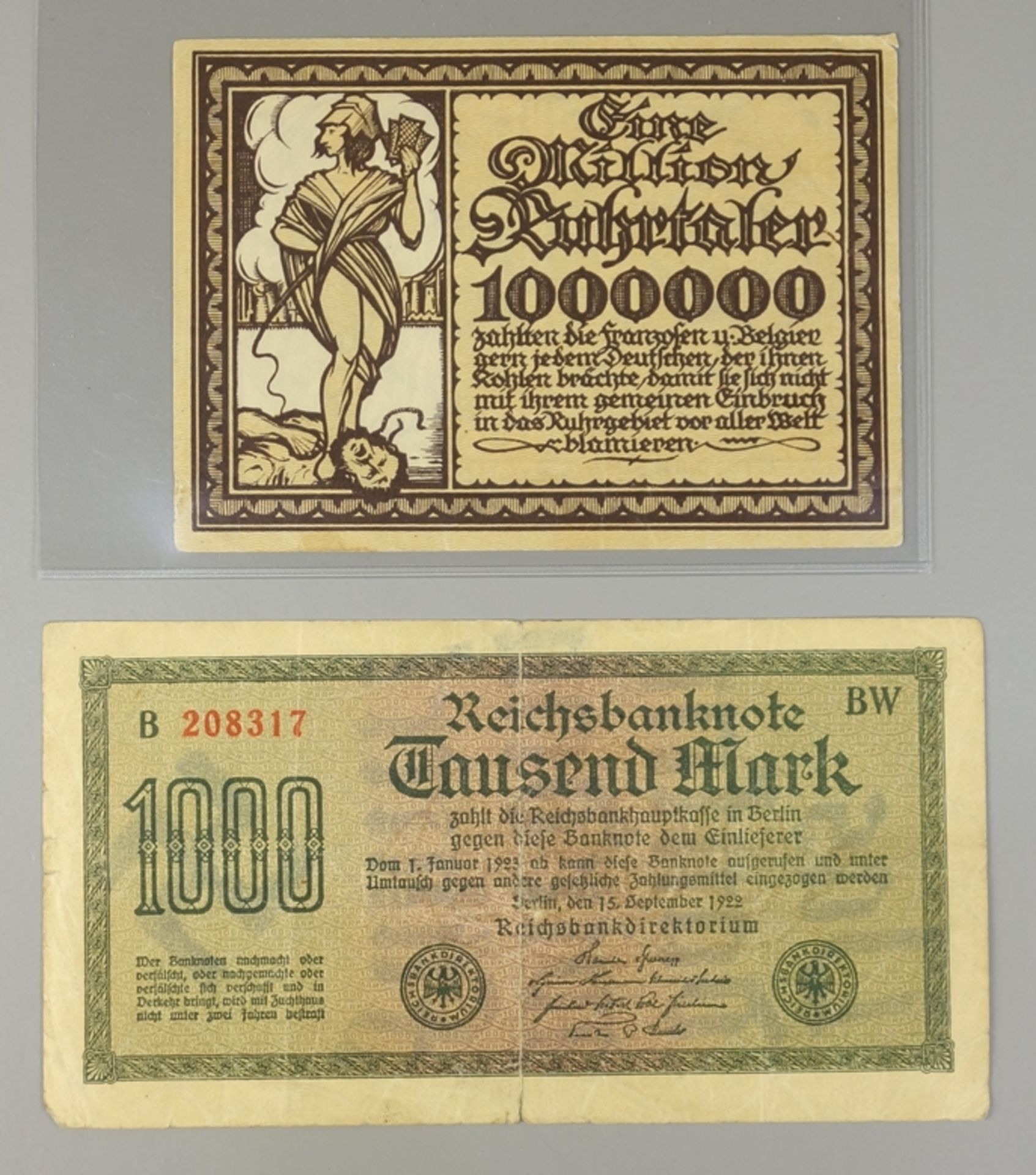 2 Propaganda-Scheine, II.Weltkrieg: 1* rückseitige Propaganda auf 1000 Mark 192