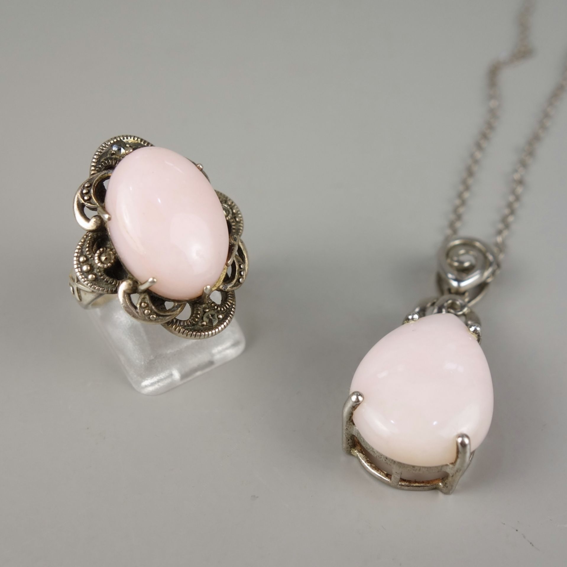 Anhänger mit Kette und Ring, 925er Silber mit pinkfarbenem (rosa) Opal, Gesamt-