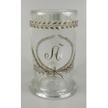 Bierhumpen mit Monogramm "SA", Mitte 18.Jh., H.17,6cm, farbloses Glas, abgeschl