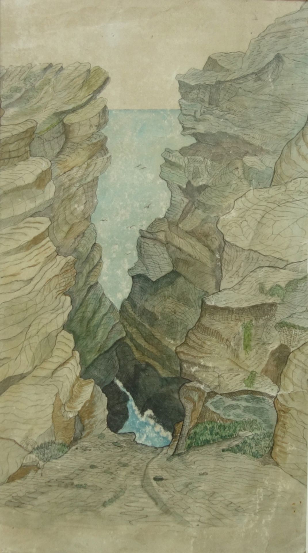 aquarellierte Federzeichnung "Felsschlucht (Caldera Inferno/Azoren)", 1830, rüc