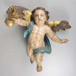 Schwebender Engel, Barock, 2. Hälfte 18.Jh., Weichholz geschnitzt und farbig st