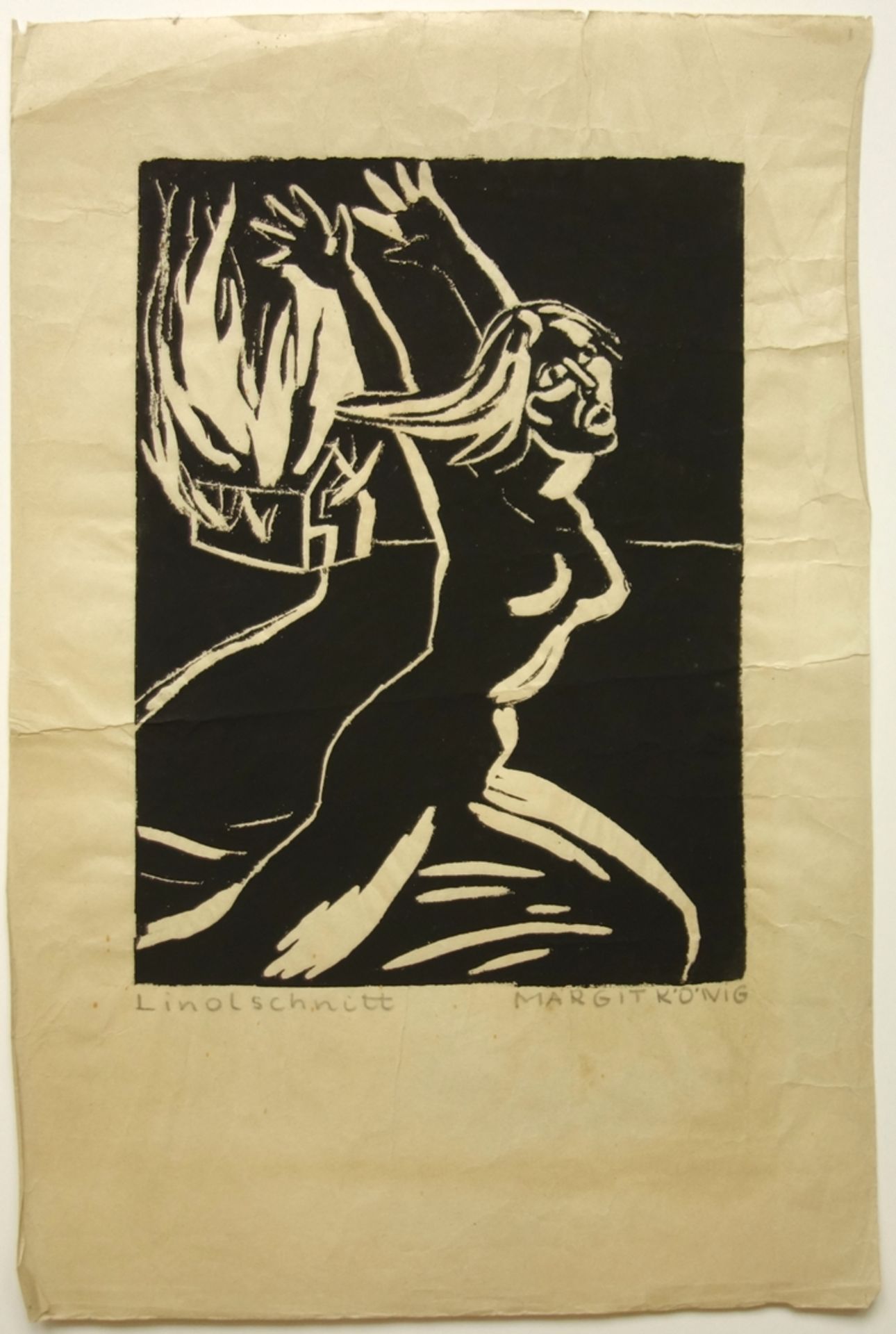 Margit König, "Nächtlicher Brand", um 1970/80, Linolschnitt, unten rechts signi