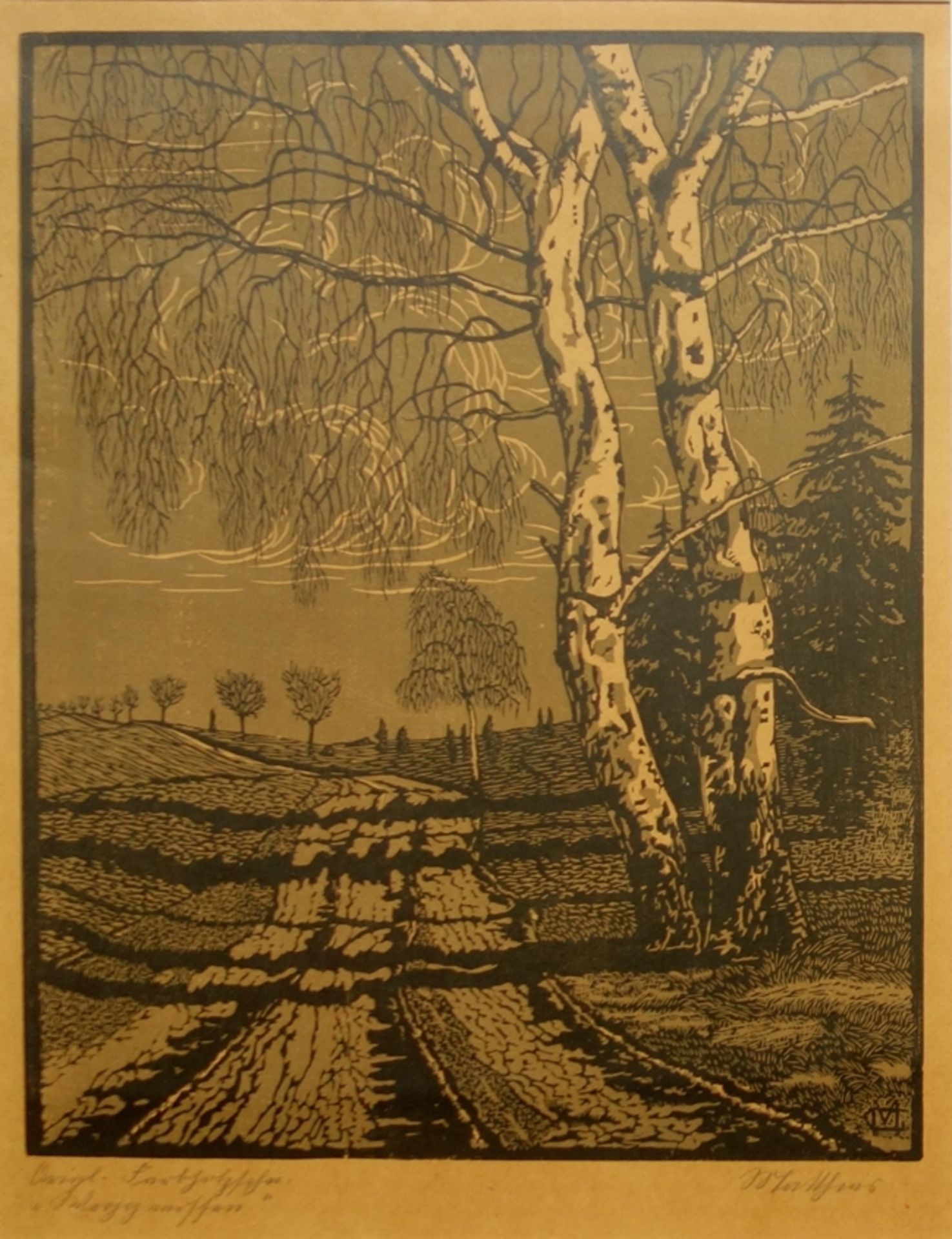 G. Mattheus, "Weggenossen (Heideweg mit Birken)", frühes 20. Jahrhundert, Farbh
