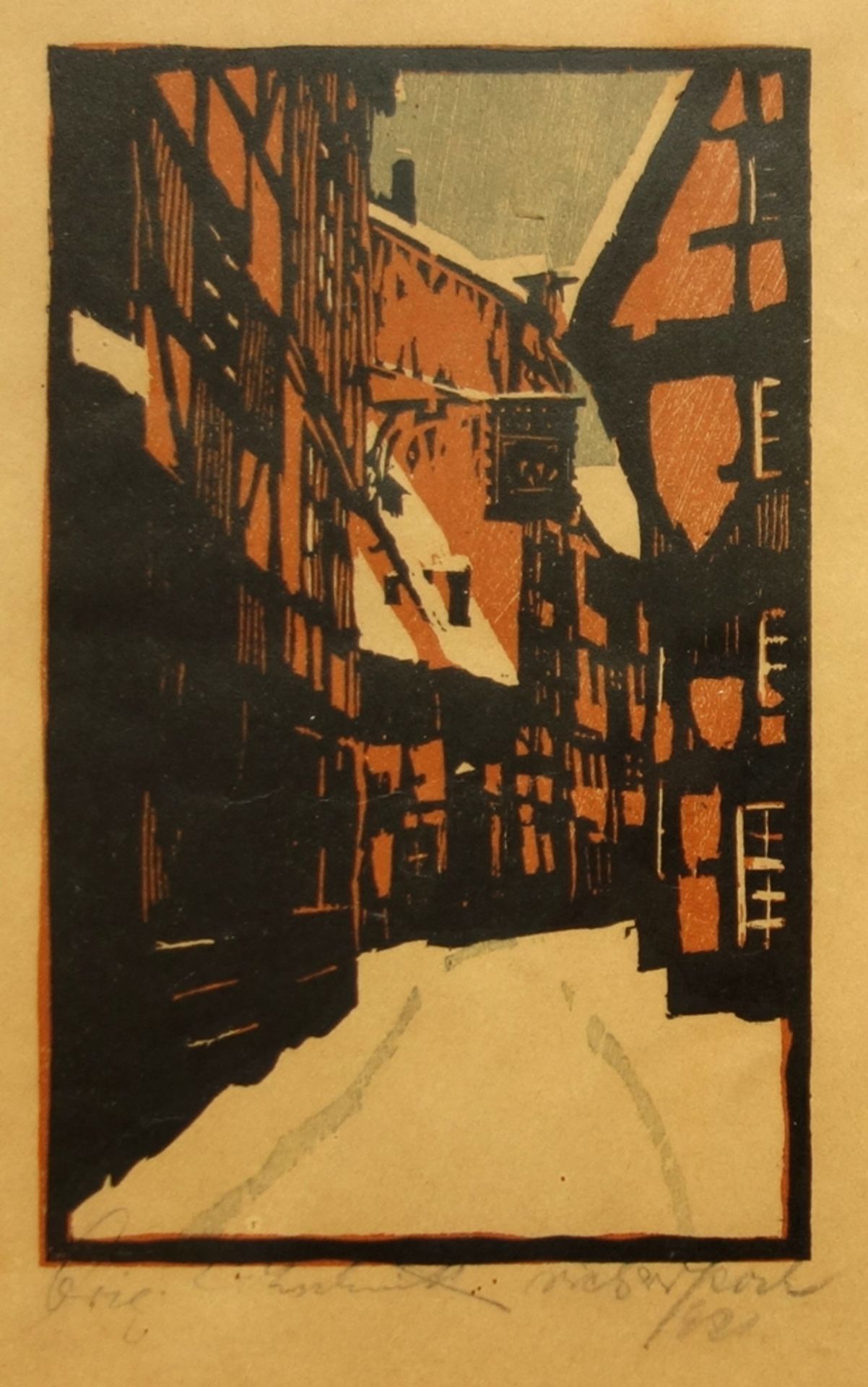 undeutlich signiert, "Verschneite Gasse", 1921, Farblinolschnitt, unten rechts