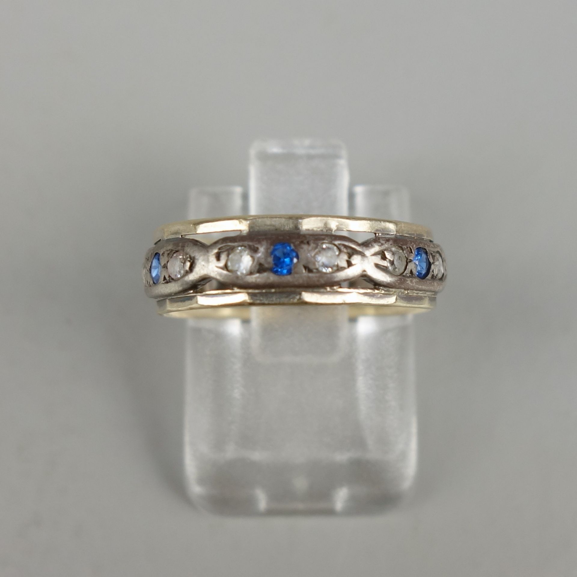 Memory-Ring mit Steinbesatz, Silber / Gold, um 1900, Gew.2,0g, U.49, stark getr - Bild 2 aus 2