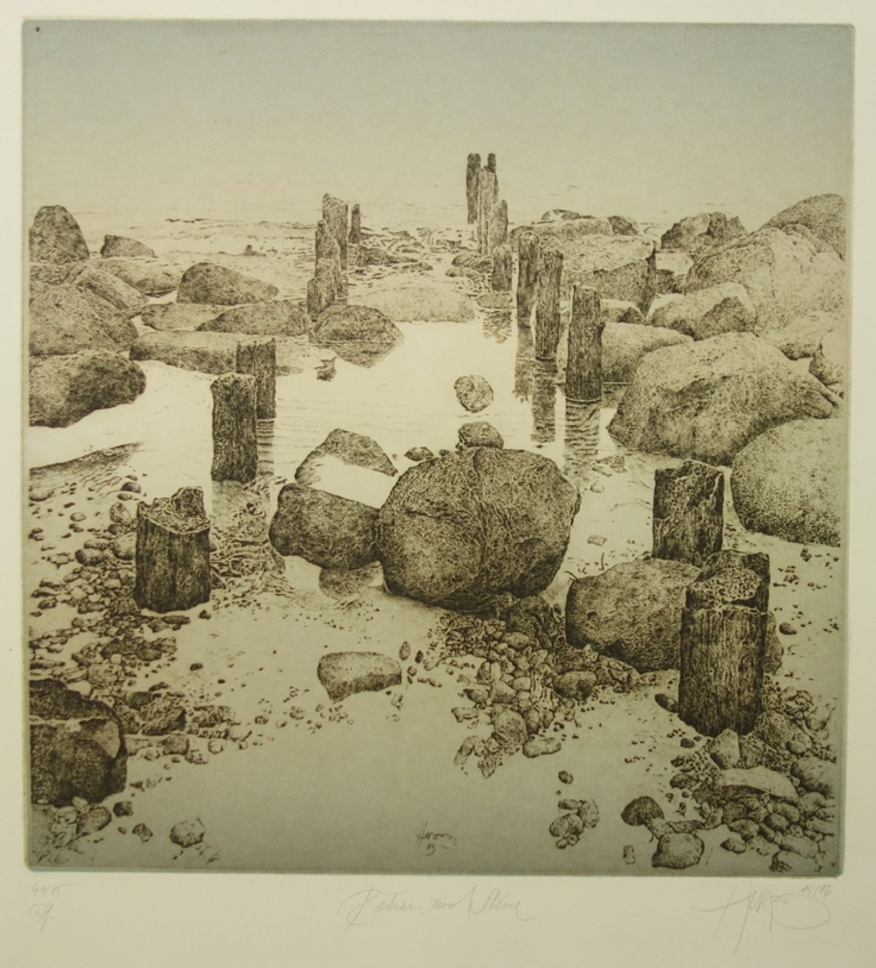 Walter Herzog (*1936, Dresden), "Buhnen und Steine", um 1985, Radierung auf Far