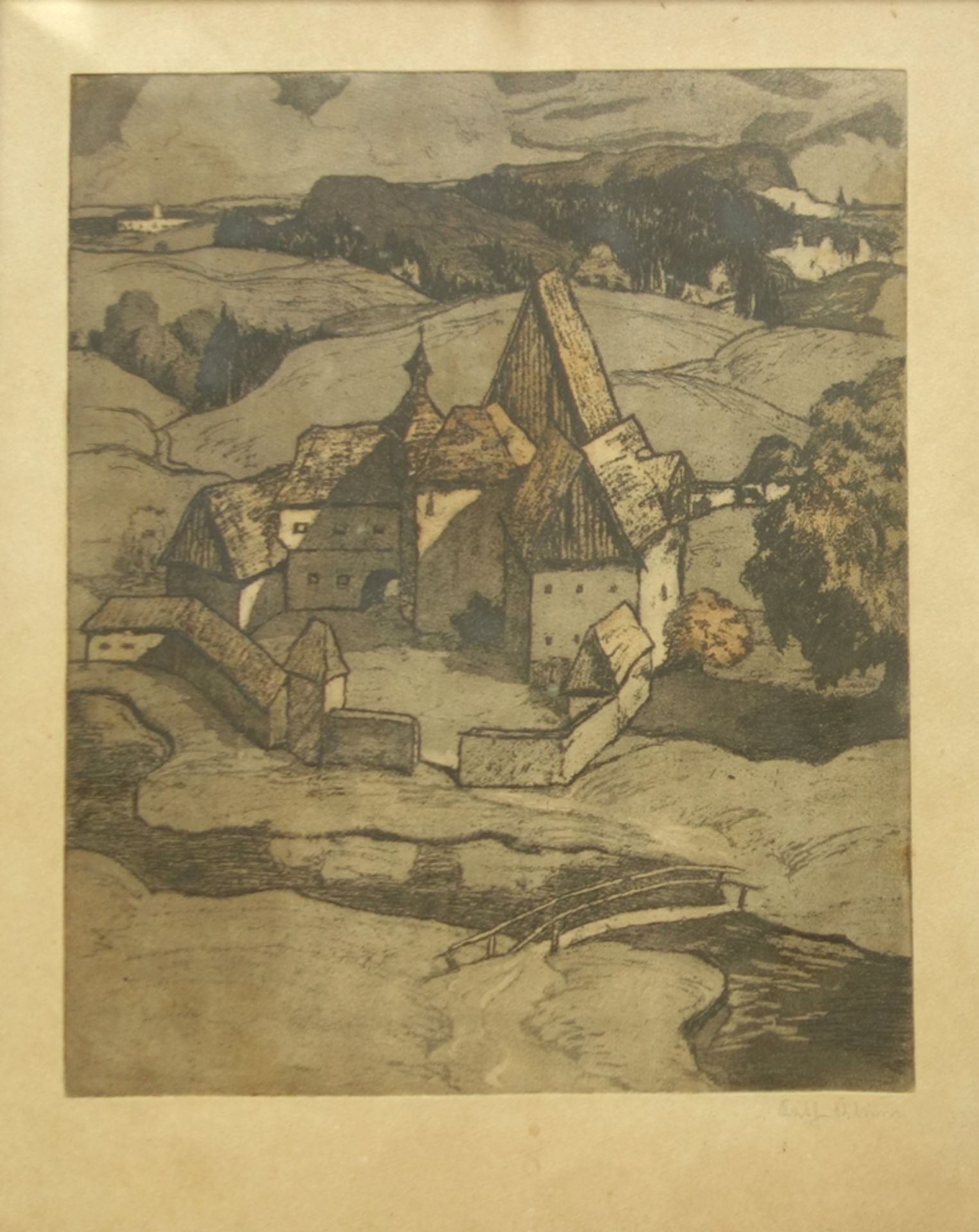 undeutlich signiert, "Kloster", frühes 20. Jahrhundert, Farblithografie, unten