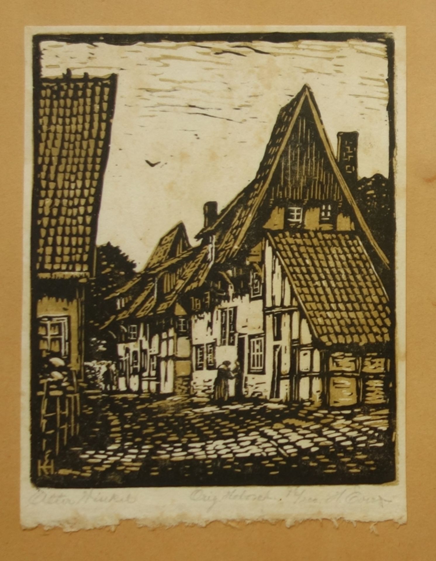 Heinrich Evers, "Alter Winkel", 1. Hälfte 20. Jahrhundert, Farbholzschnitt, unt