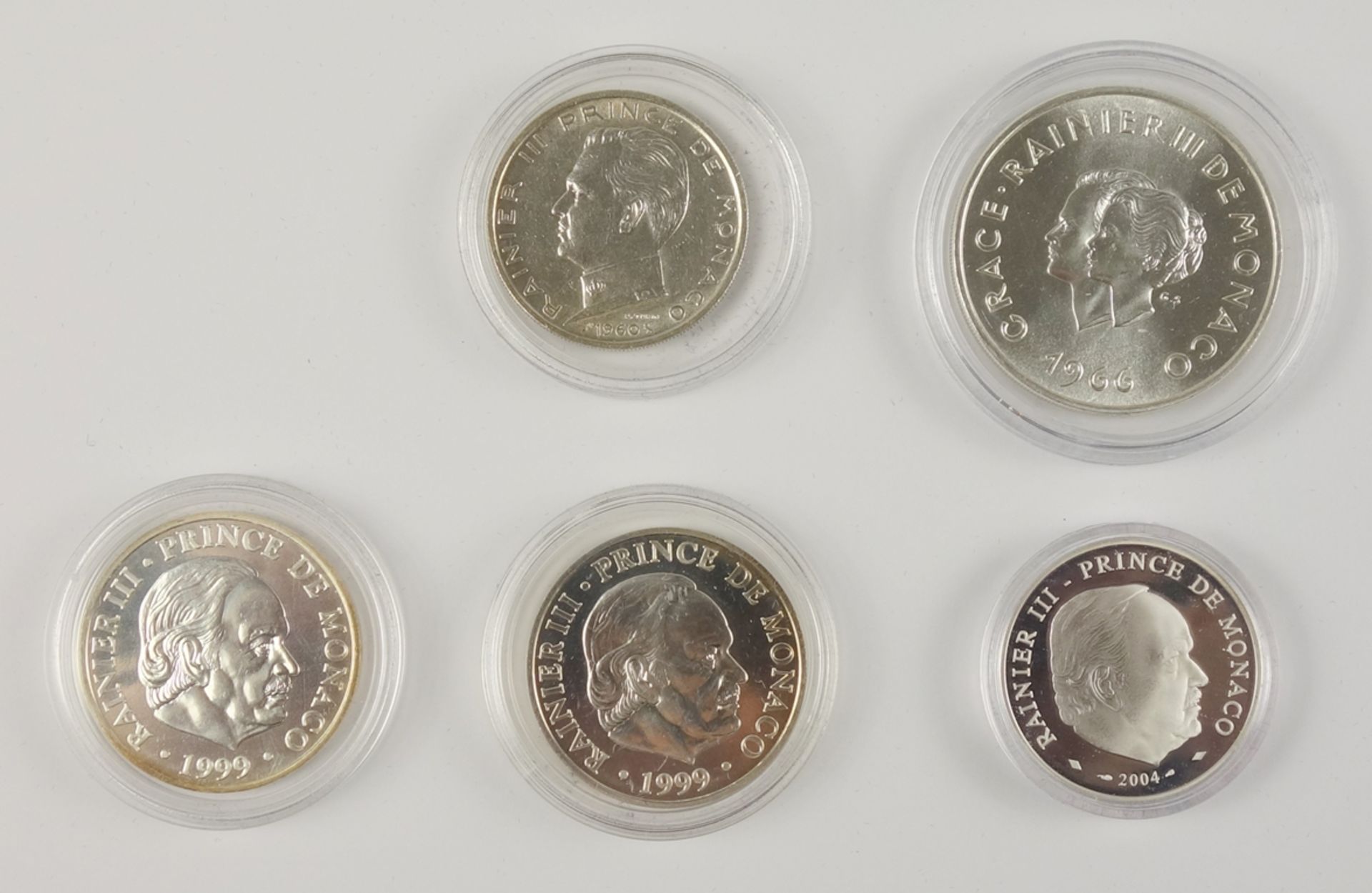 5 Münzen, Rainier III, Monaco, Silber, alle in Kapsel, vz: 5 Franc 1960, Rainie