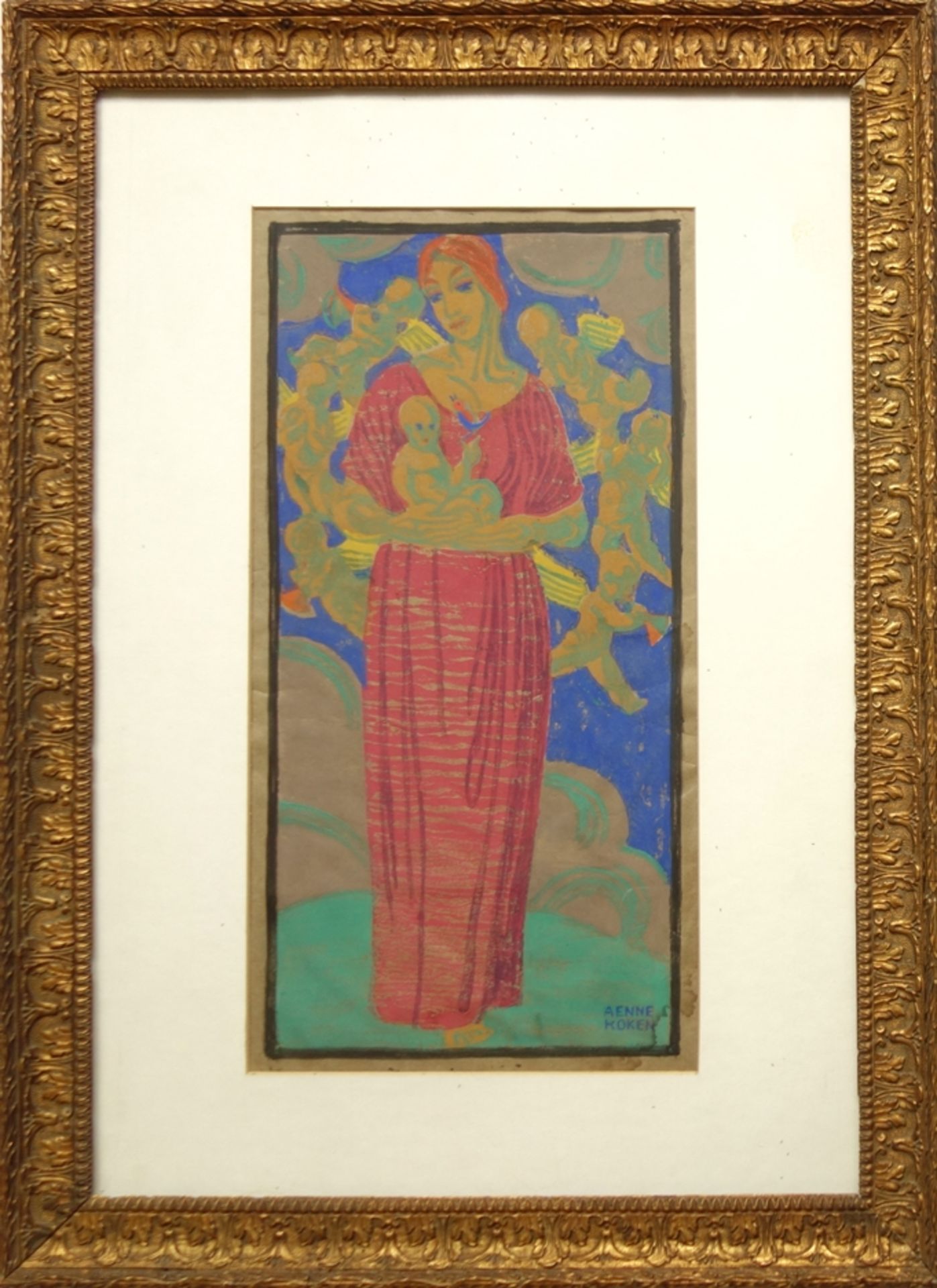Änne Koken (1885, Hannover - 1919, ebd.), "Maria mit dem Kind", Farbholzschnitt