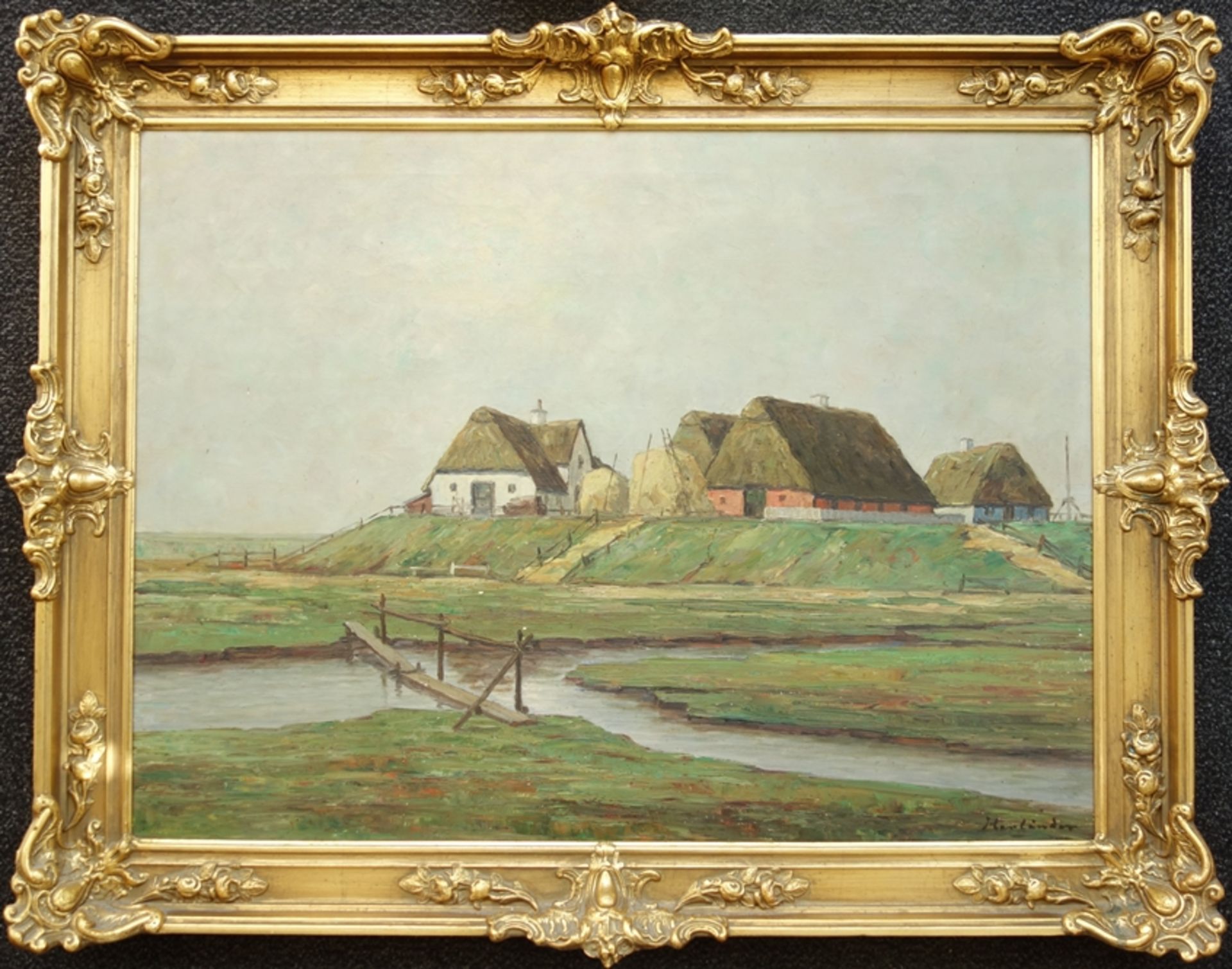 Hans Harländer (1880 - 1943) "Reetgedeckte Häuser an der Küste", Öl/Leinwand, u