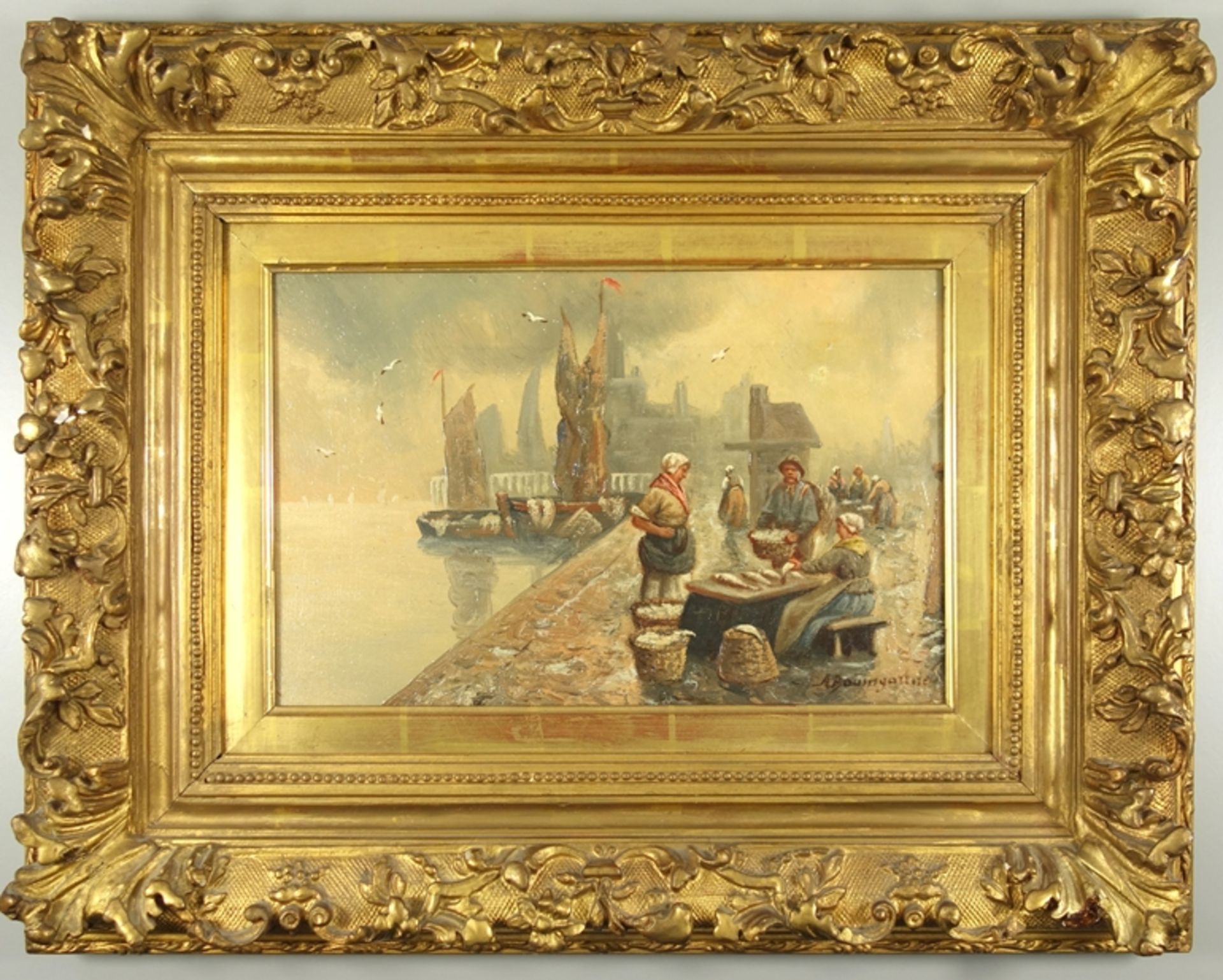 Adolf Baumgartner-Stoiloff (1850, Linz-1924, Wien), "Fischmarkt am Hafen", Öl/L