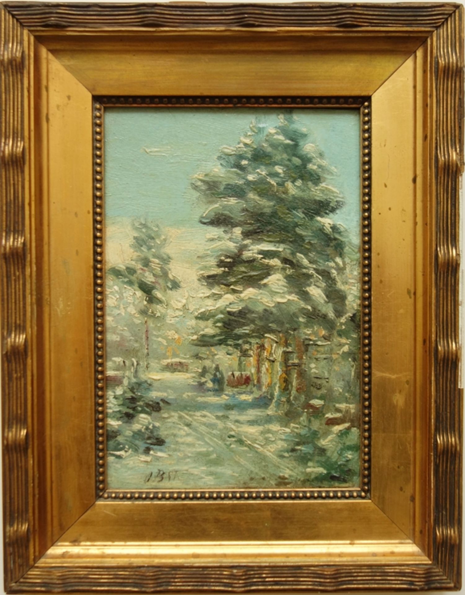attr. Adolf Obst (1869-1945), "Winterlicher Waldweg", Öl/Hartfaser, unten links