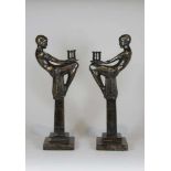 Paar figurative Kerzenleuchter, Art Deco, weiblicher Akt, Messingblech, H: 42 cm, B: 16 cm.- - -27.