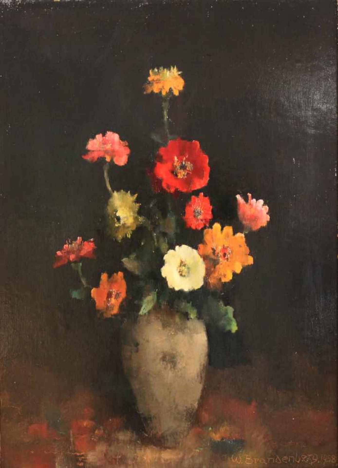 Wilhelm Brandenberg (1889 - 1975, Düsseldorfer Malerschule), Stillleben mit Zinnien, 1958, Öl auf