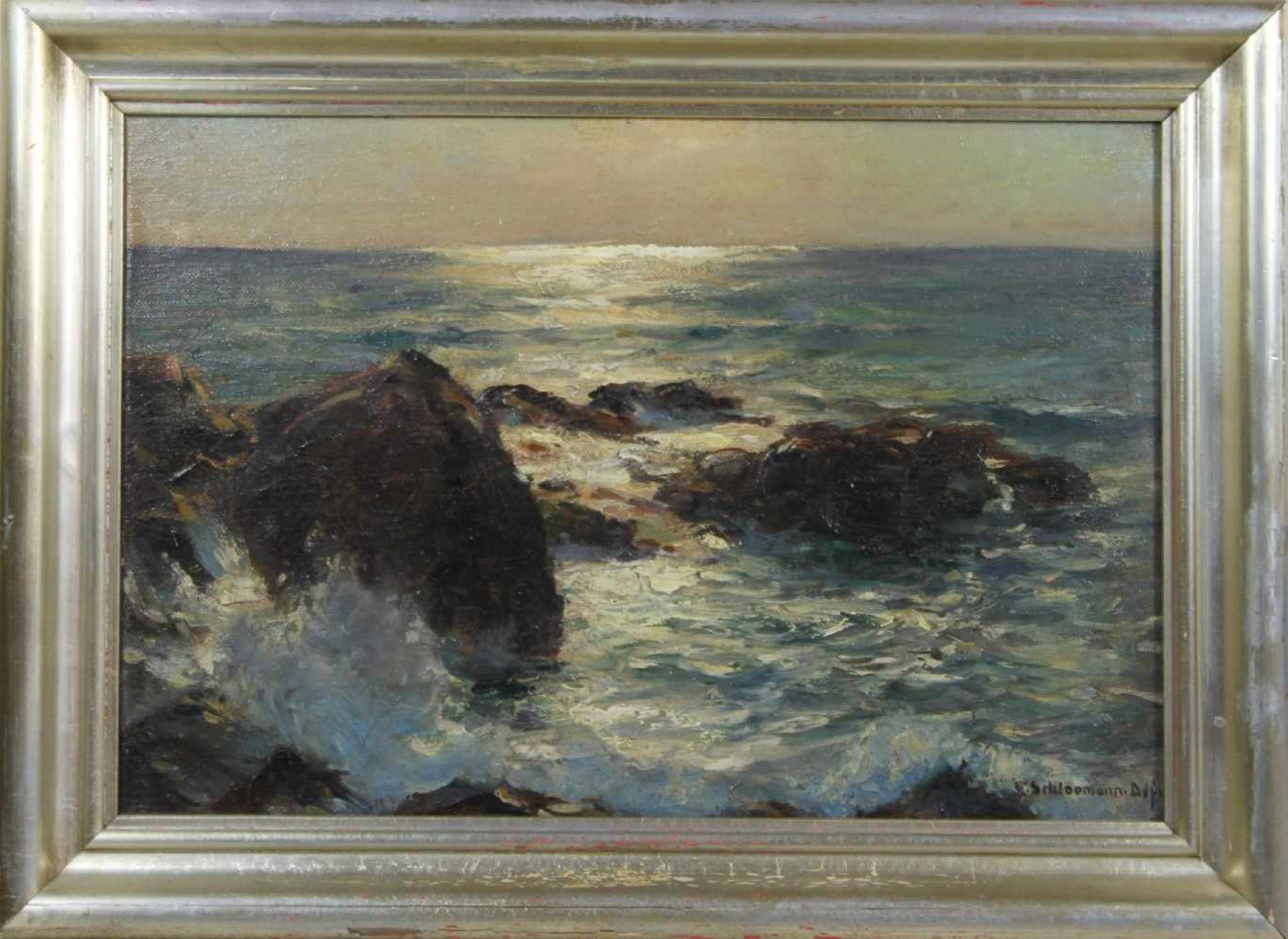 Eduard Schloemann (1888-1940, deutscher Marinemaler, Düsseldorfer Malerschule), Seeküste, Öl a. Lwd, - Bild 2 aus 3