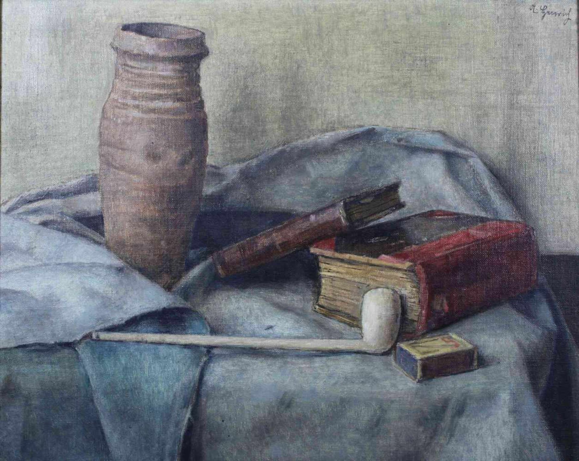 Albert Henrich (1899-1971, Düsseldorfer Schule), Stillleben mit Pfeife und Büchern, Öl auf Leinwand,