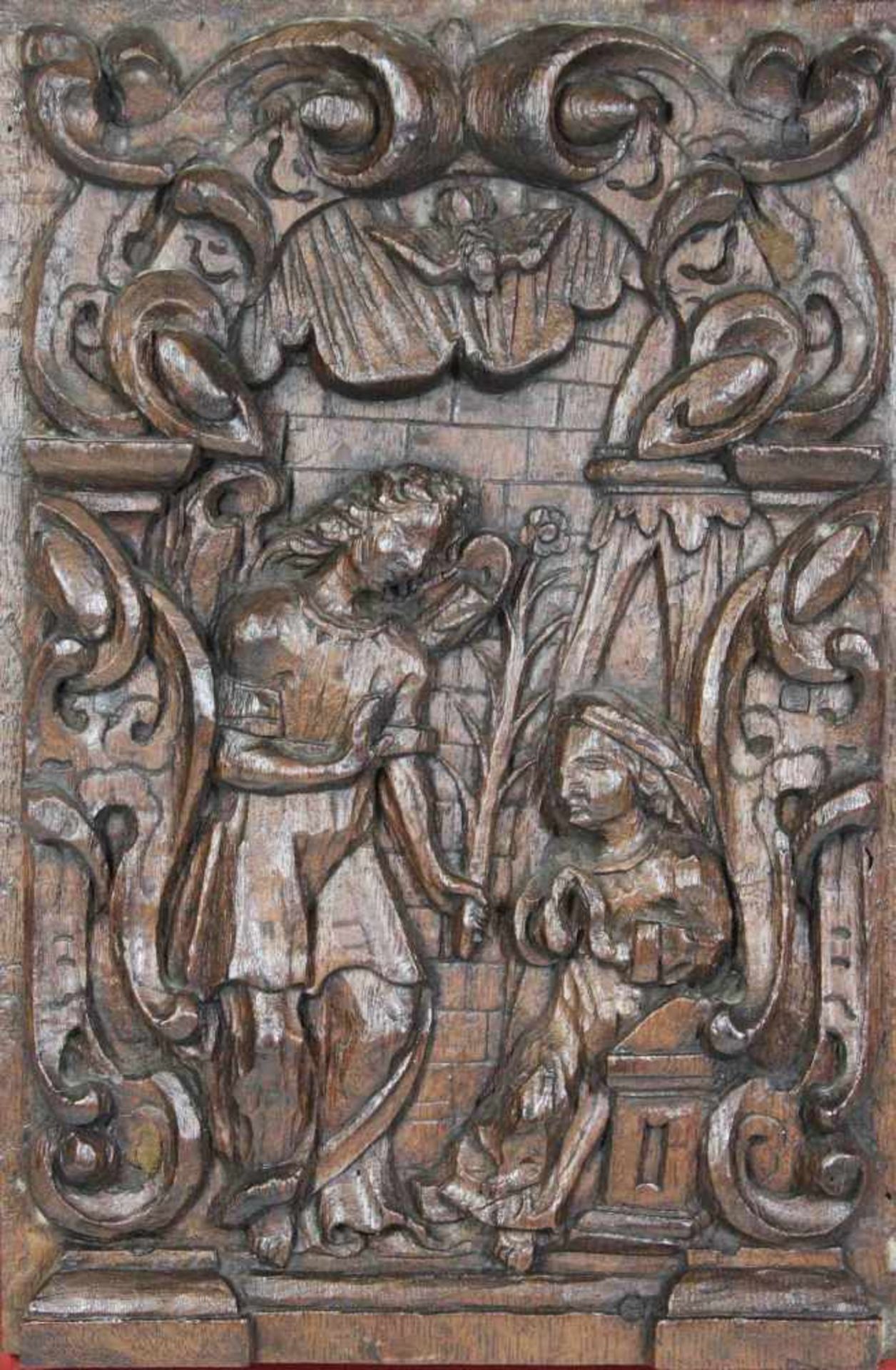 4 Wandpanele, Holzrelief im Barock Stil mit biblischen Szenen: Adam und Eva am Baum der