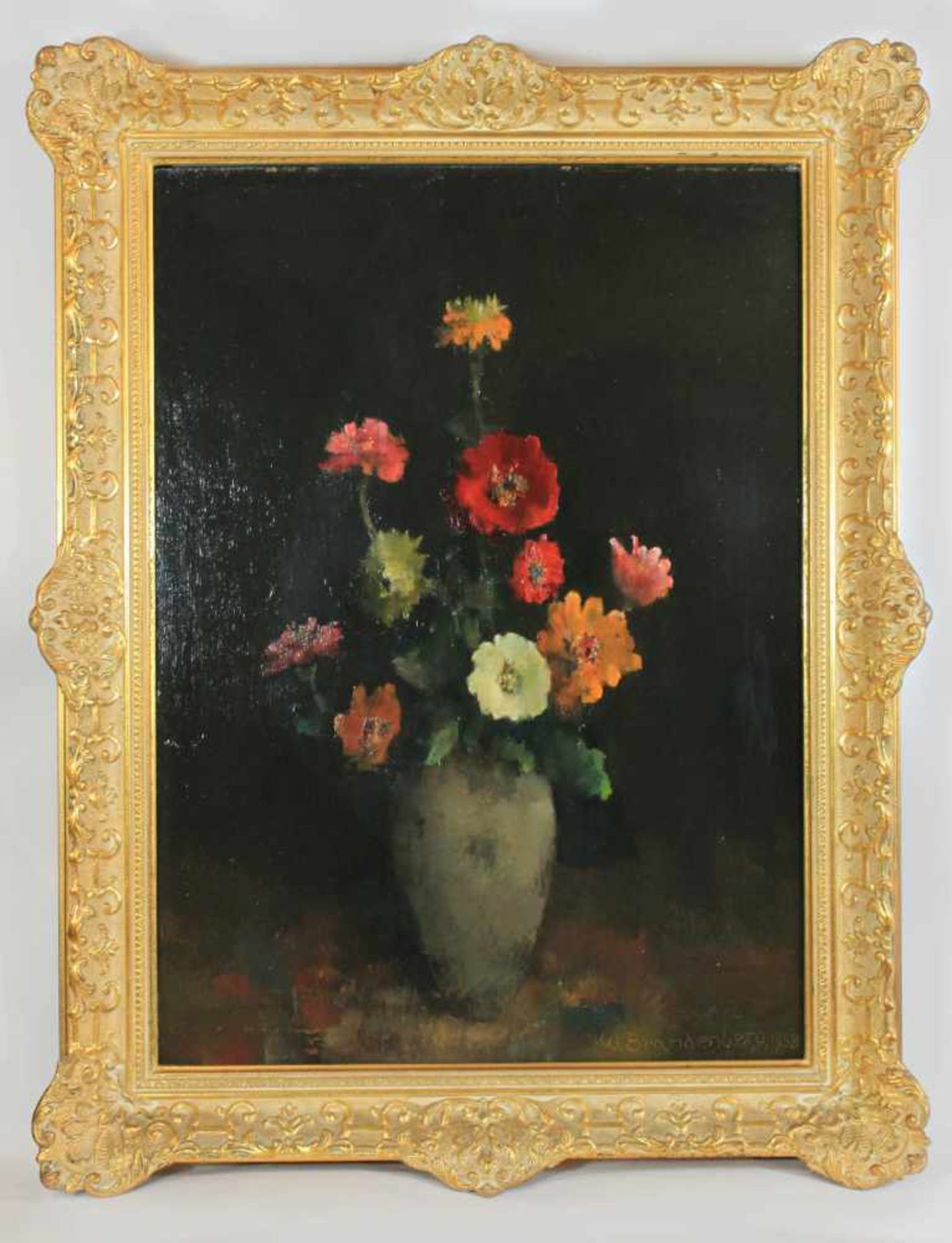 Wilhelm Brandenberg (1889 - 1975, Düsseldorfer Malerschule), Stillleben mit Zinnien, 1958, Öl auf - Bild 2 aus 3