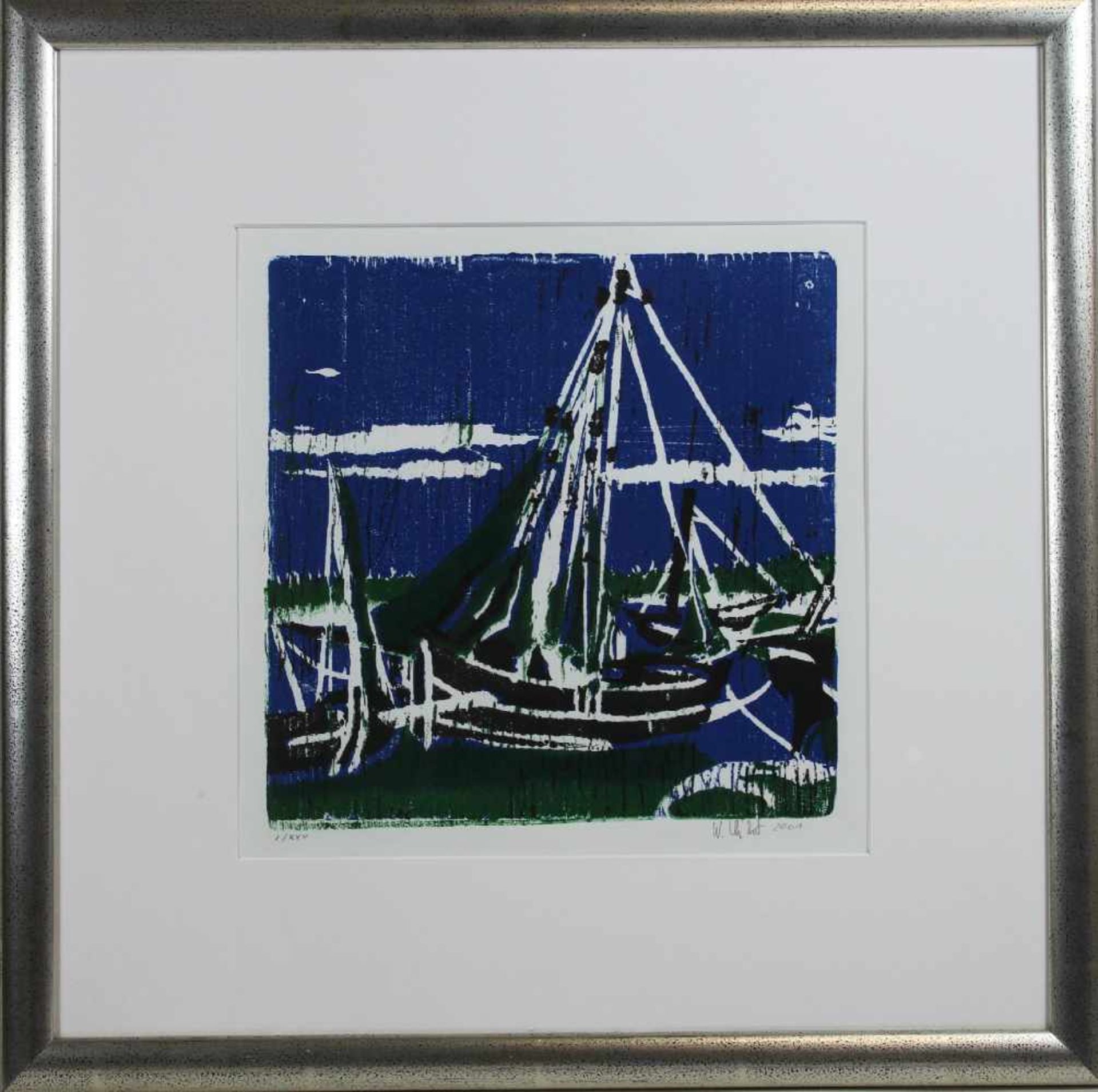 Segelschiffe, 2001, farbiger Linolschnitt, sign. u. dat., numm.: I/XXV, Lichtmaße: 23 x 22,5 cm, - Bild 2 aus 2