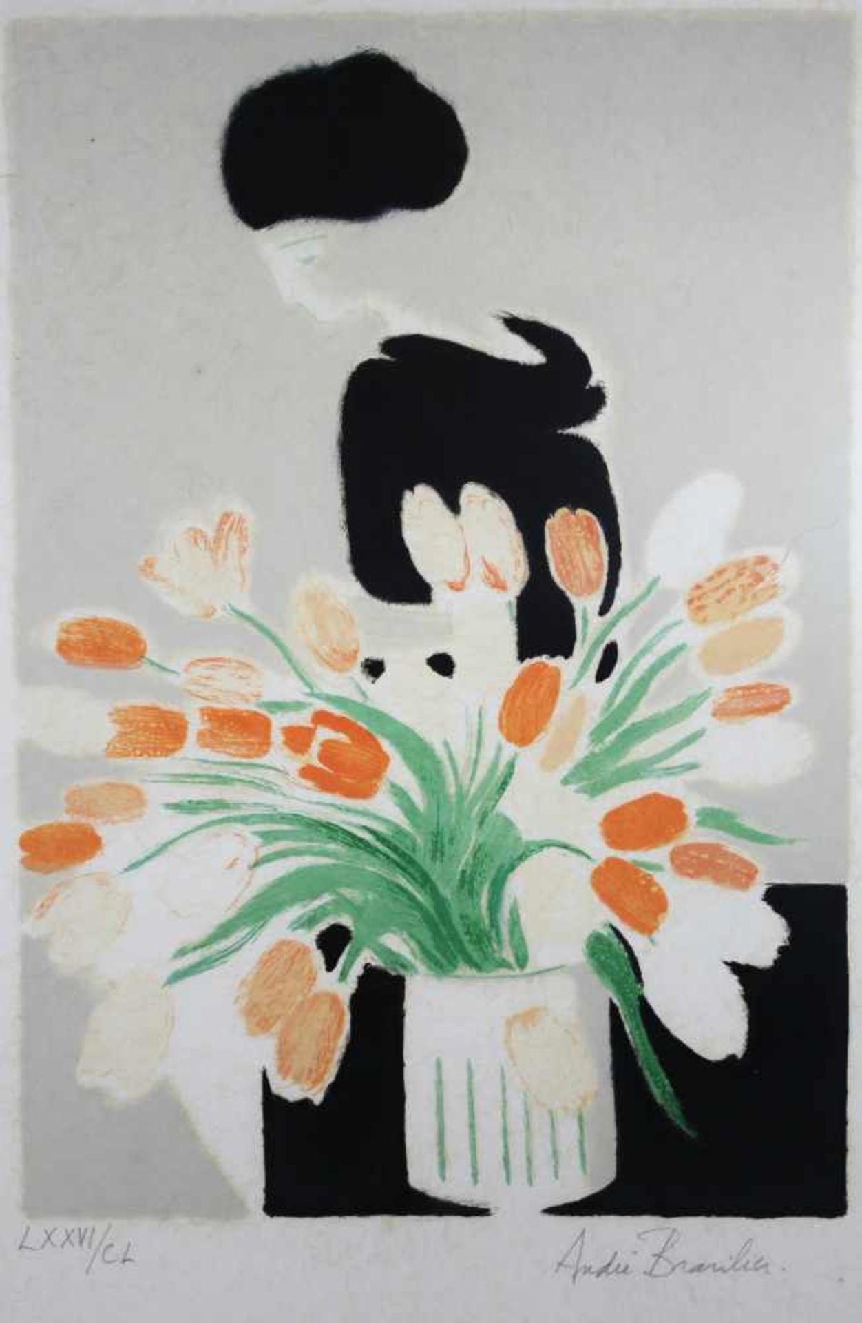 Andre Brasilier (französisch, geb. 1929) Frau mit Tulpen, Farblithographie, un. mit Bl. signiert und