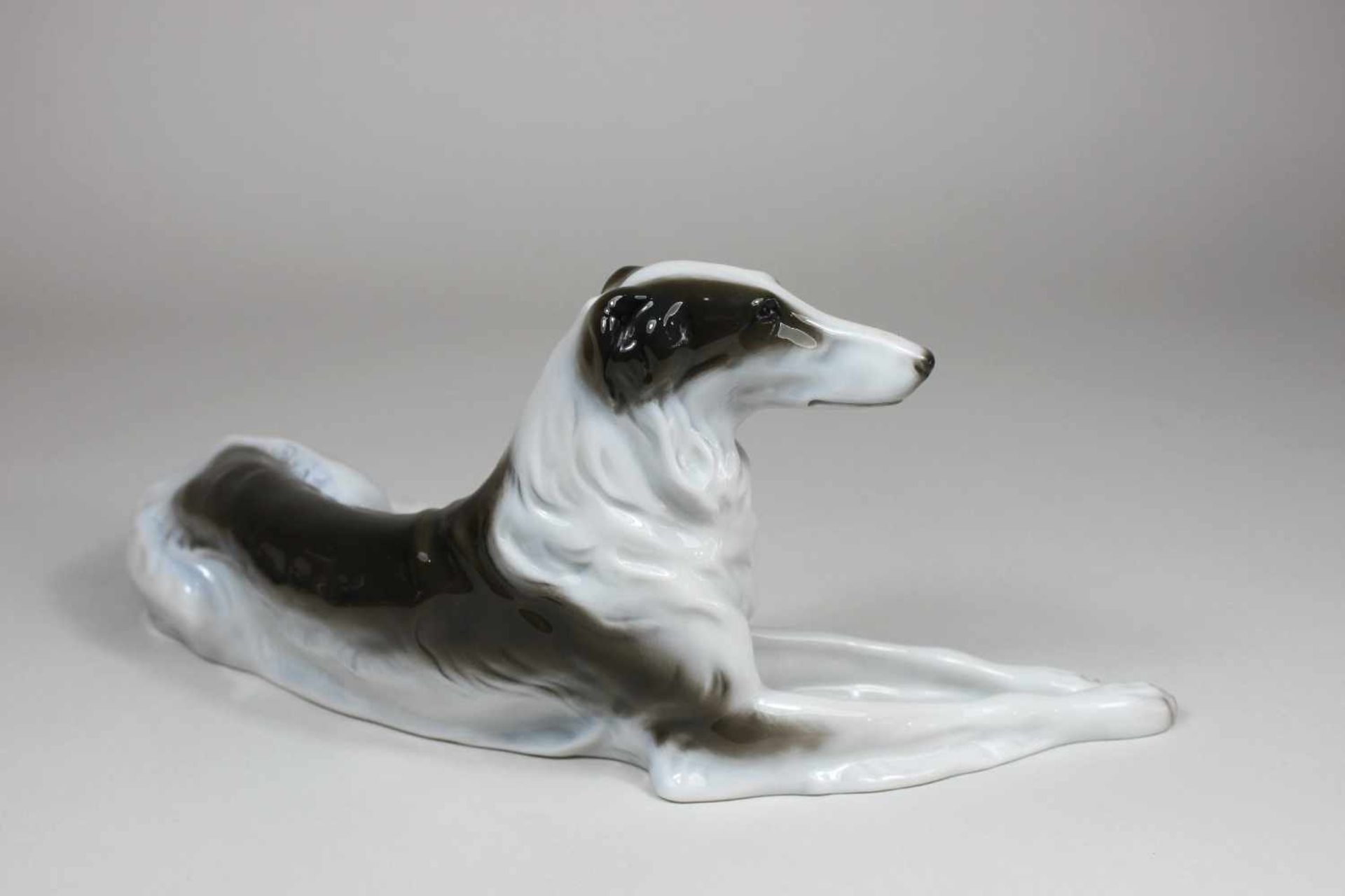 Porzellanfigur, Mitte 20. Jh., weißes Porzellan in Form eines liegenden Hundes, sehr detaillierte - Bild 2 aus 3