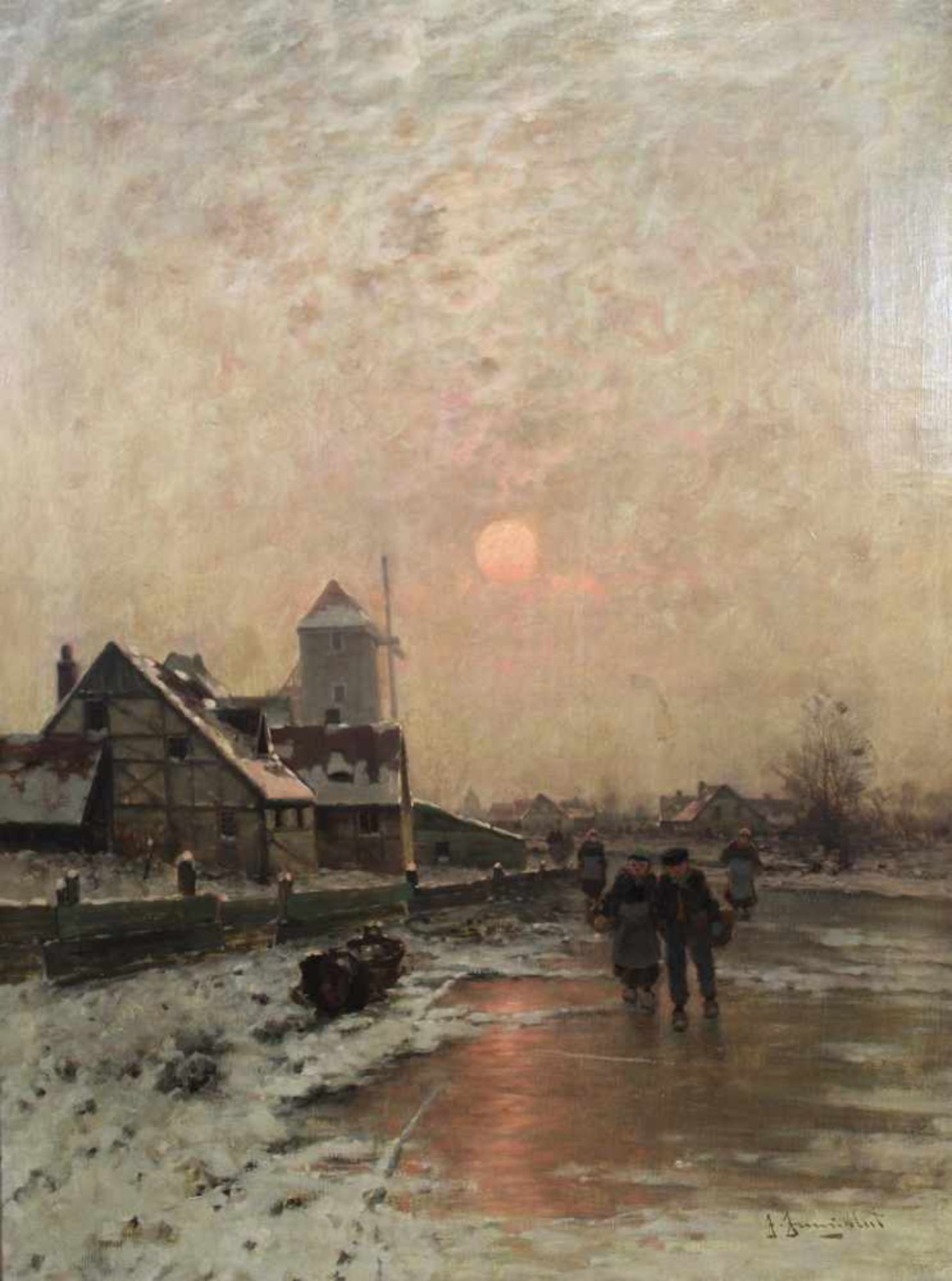 Johann Jungblut (1860 - 1912, Düsseldorfer Malschule), Winterabend, Öl auf Leinwand, un. rechts