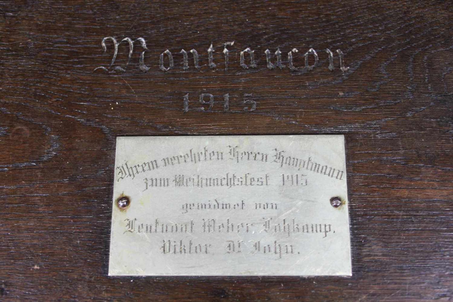 Holz-Kassette, Montfaucon, 1915, Rechteckiger Korpus mit Scharnierdeckel, allseitig mit - Bild 3 aus 3